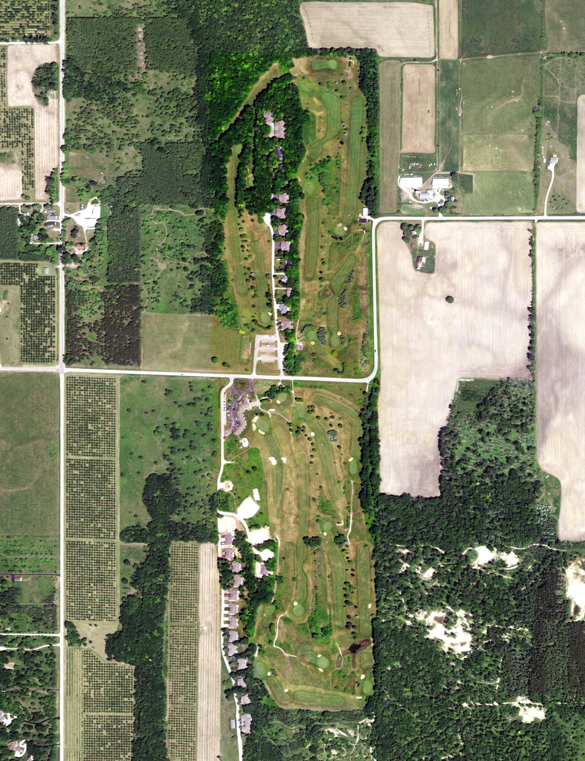 Aerial view of Cherry Hill Golf Resort, WI, with its hole routing marked