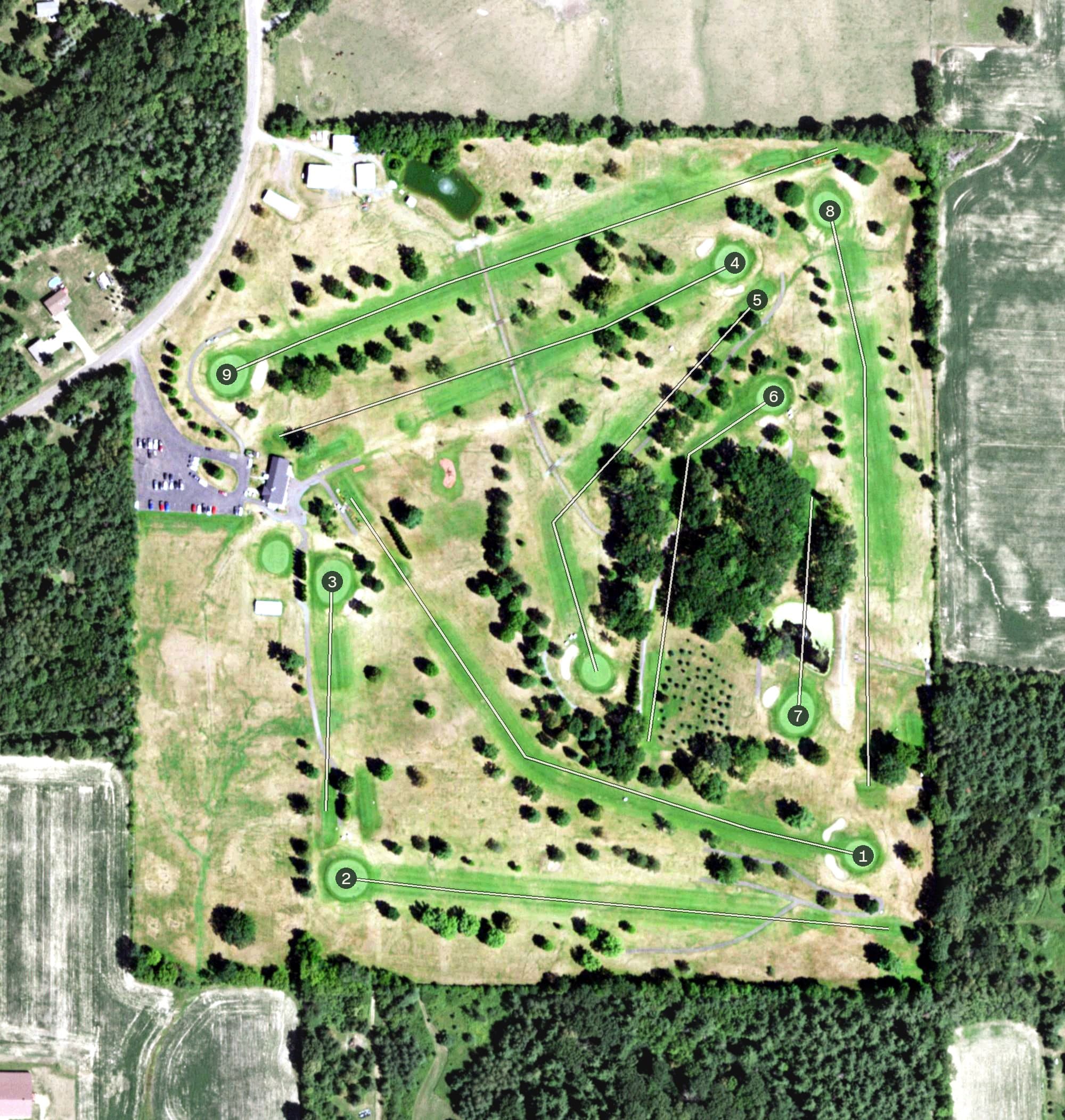 Aerial view of Clear Lake Golf Club, WI, with its hole routing marked