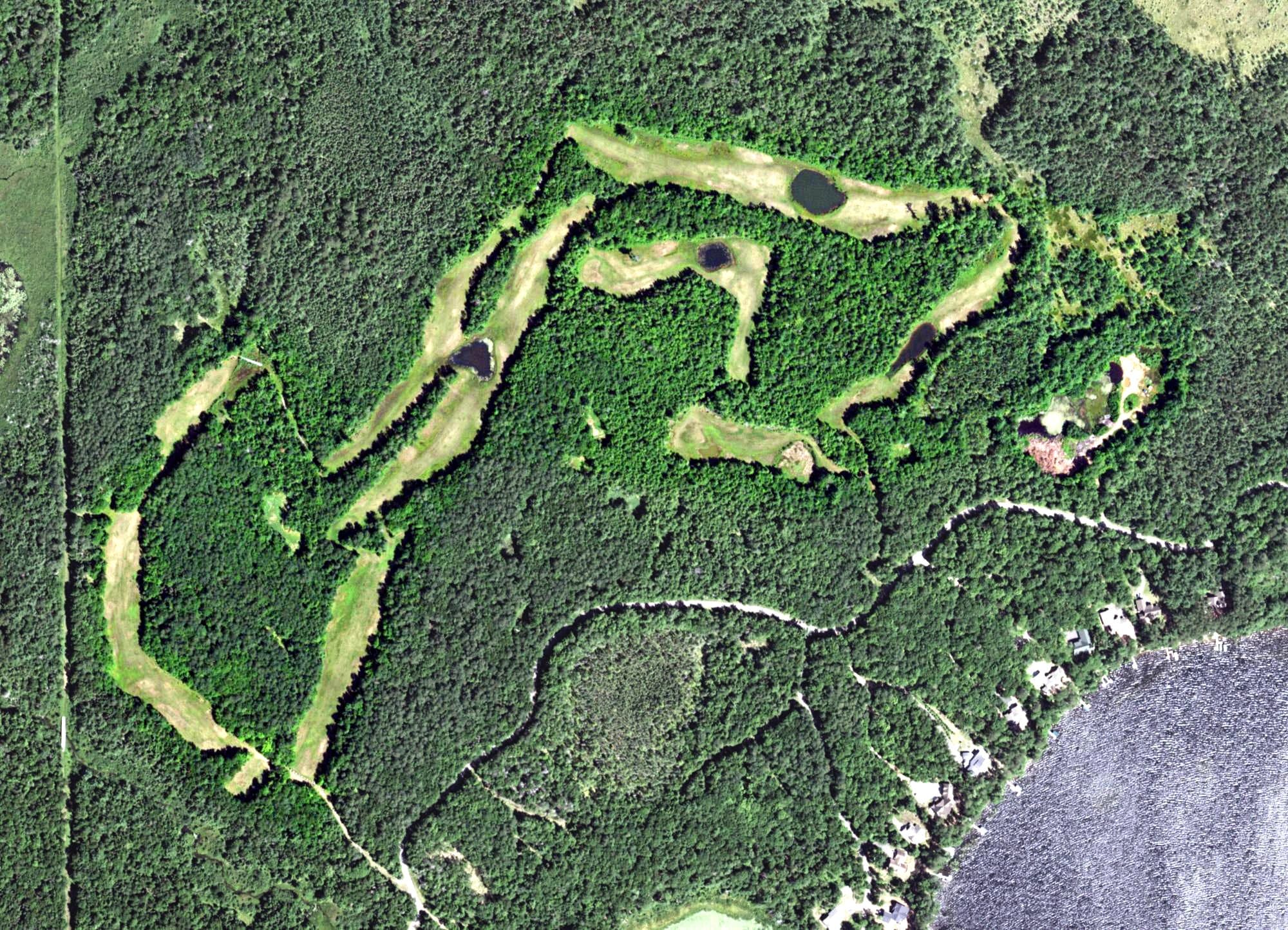 Aerial view of Clearwater Lake Golf Course, WI, with its hole routing marked