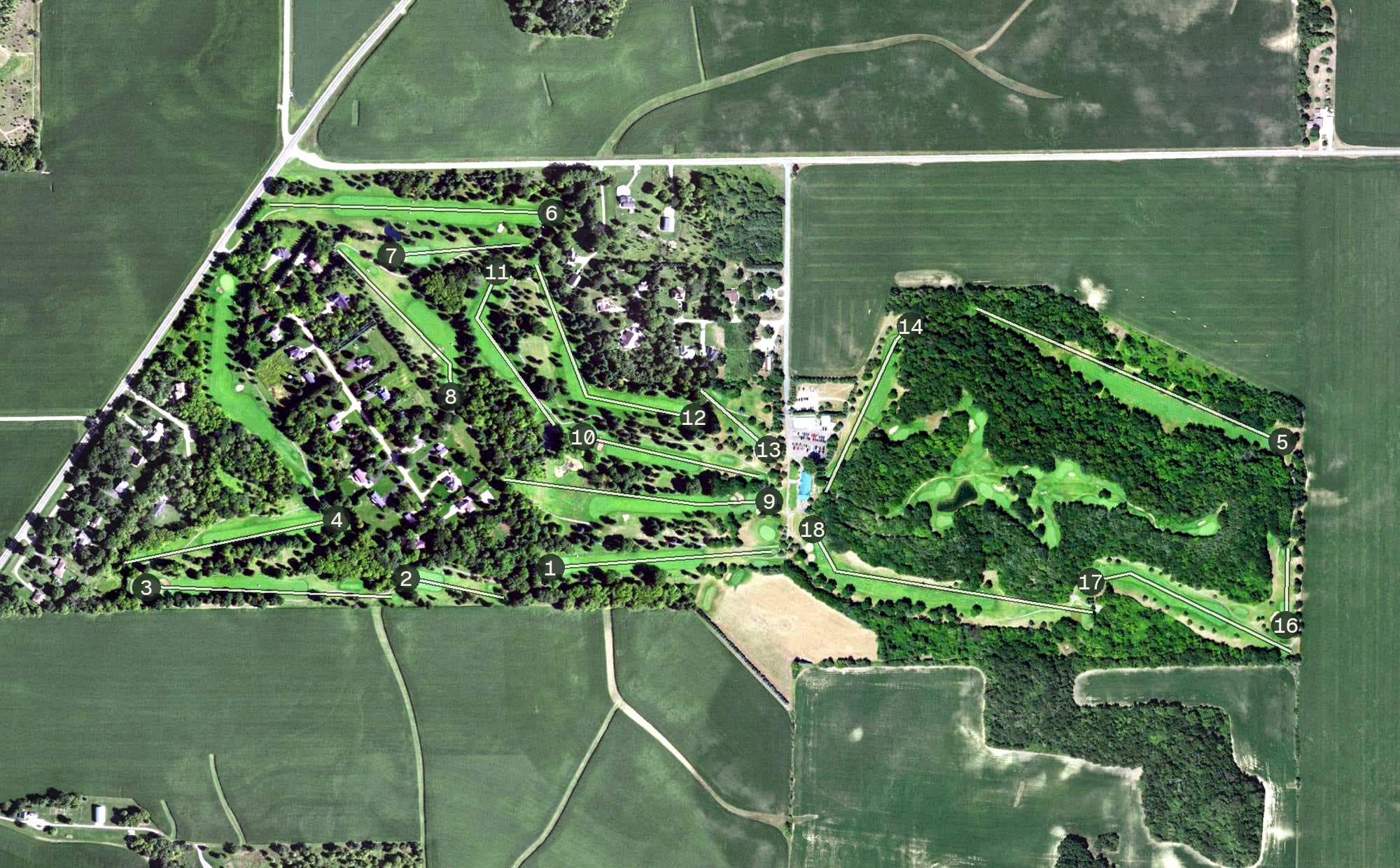 Aerial view of Clifton Highlands Golf Club, WI, with its hole routing marked