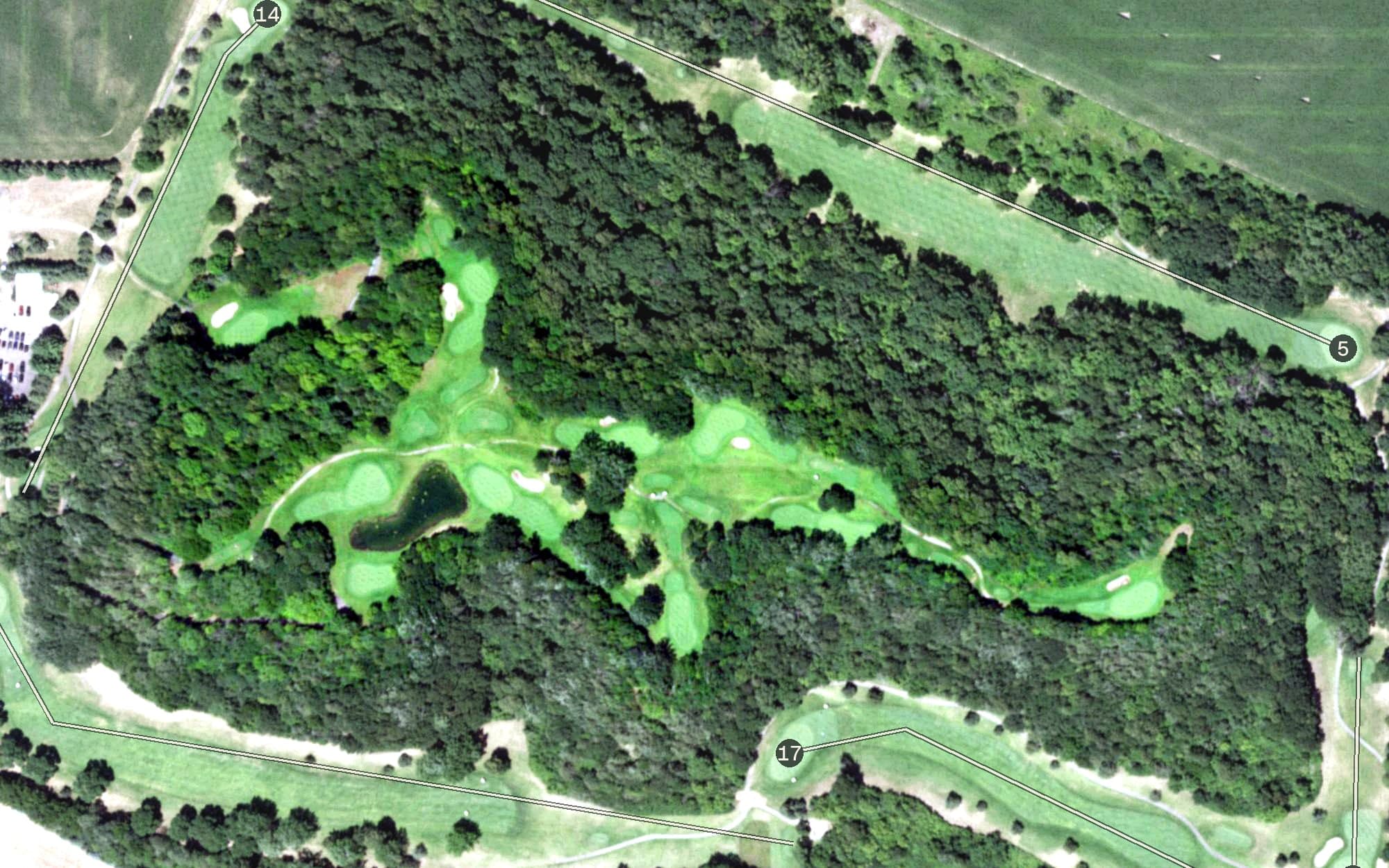Aerial view of Clifton Highlands Short Course, WI, with its hole routing marked