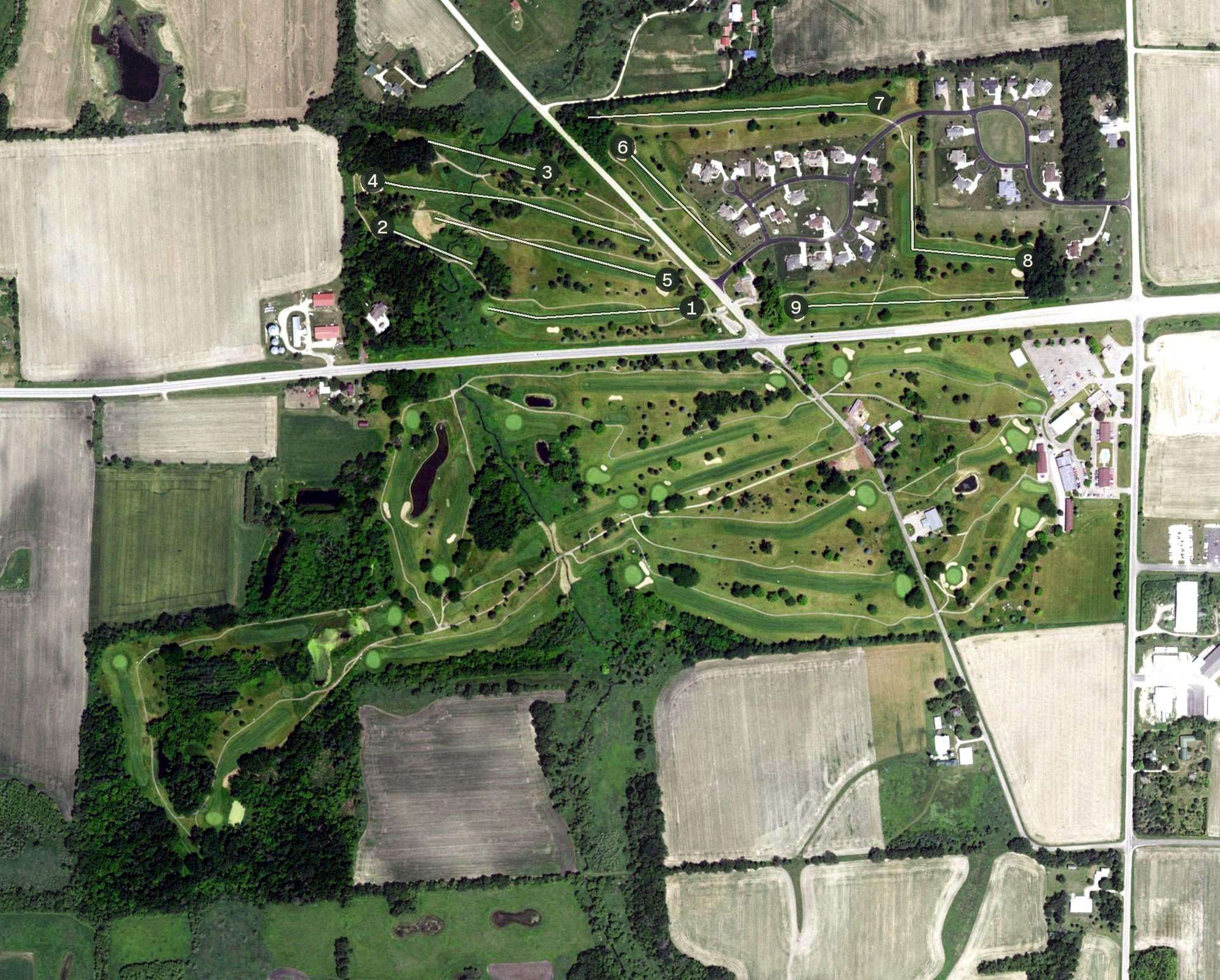 Aerial view of Coachmans Golf Resort, WI, with its hole routing marked