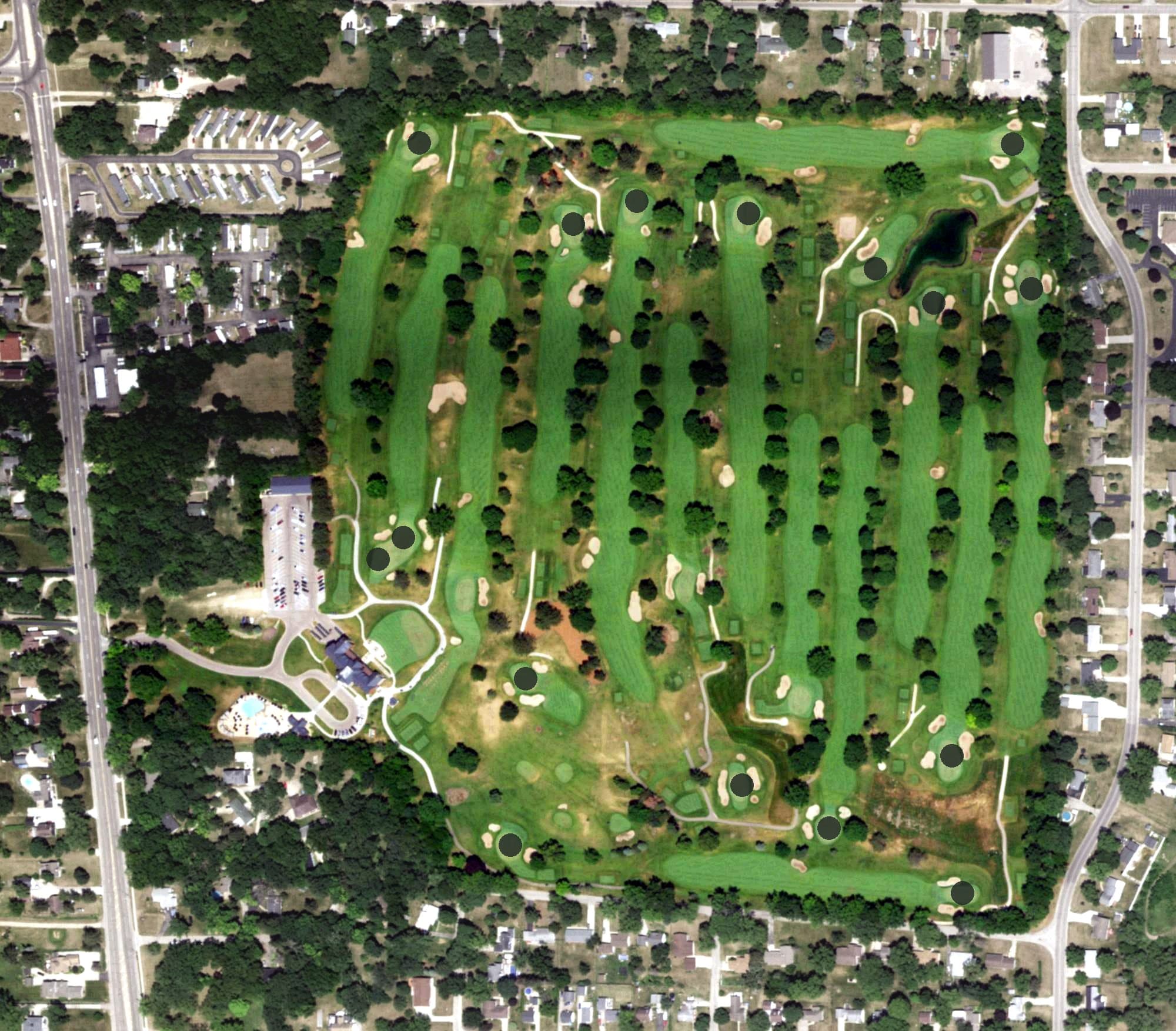 Aerial view of Country Club of Beloit, WI, with its hole routing marked