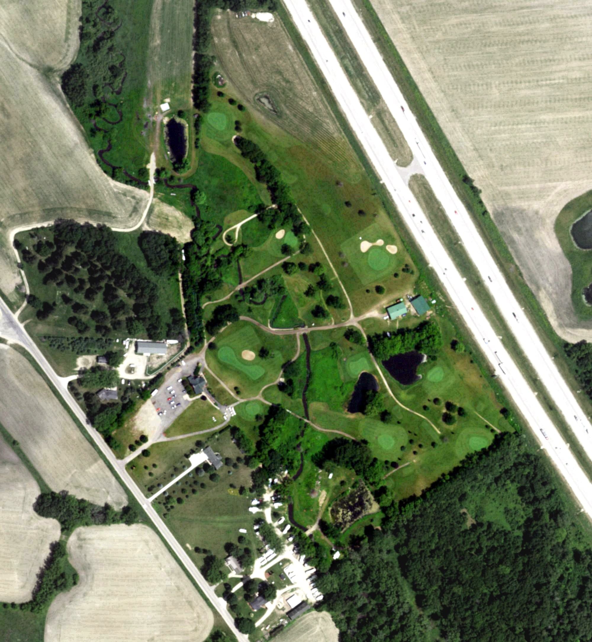 Aerial view of Creekview Par Three, WI, with its hole routing marked