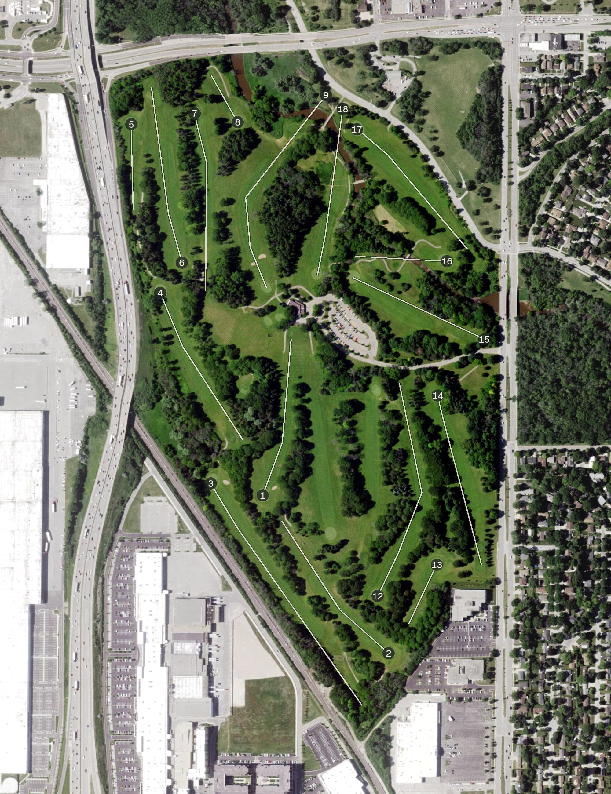 Aerial view of Currie Park Golf Course, WI, with its hole routing marked