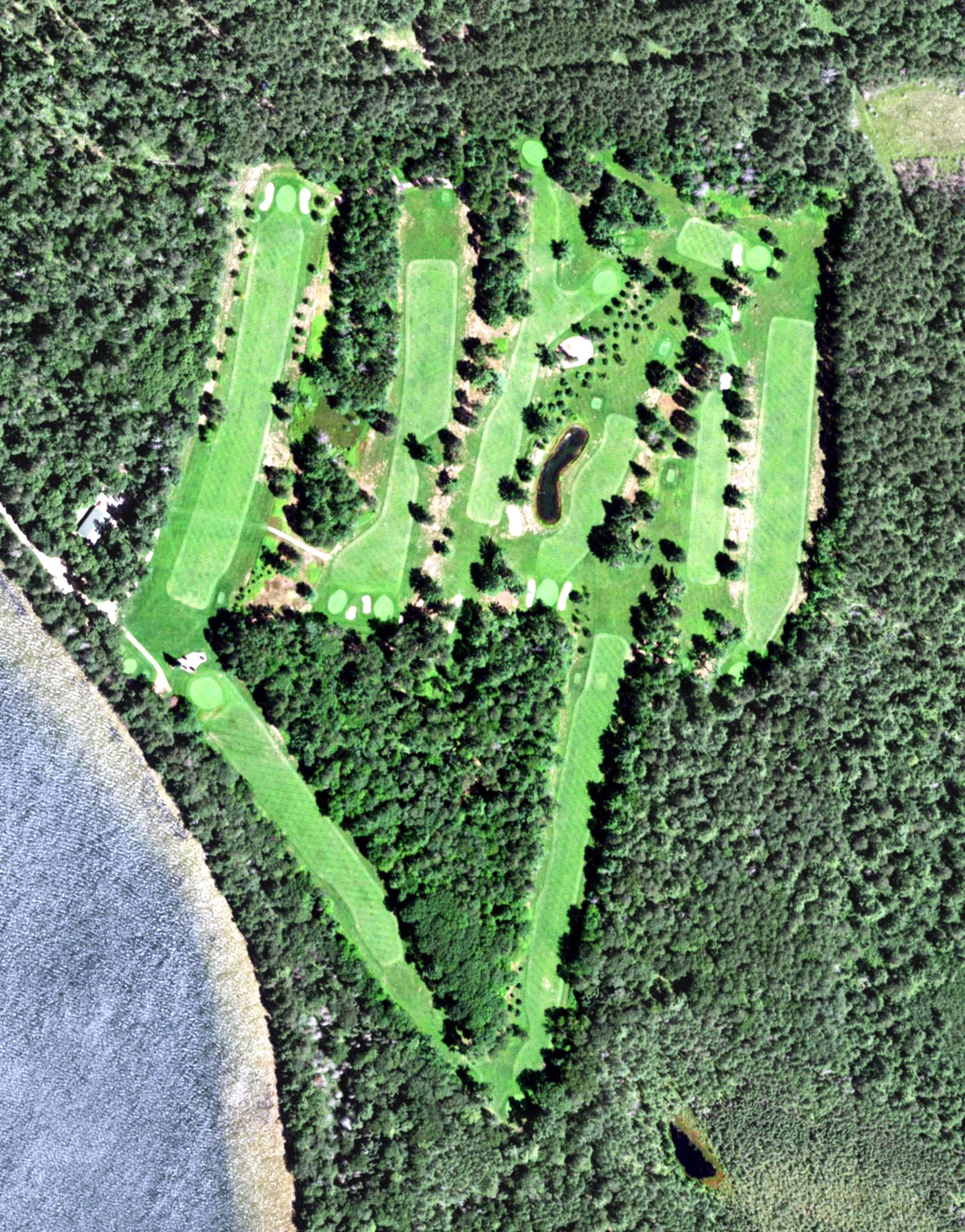 Aerial view of Dairymens Country Club, WI, with its hole routing marked