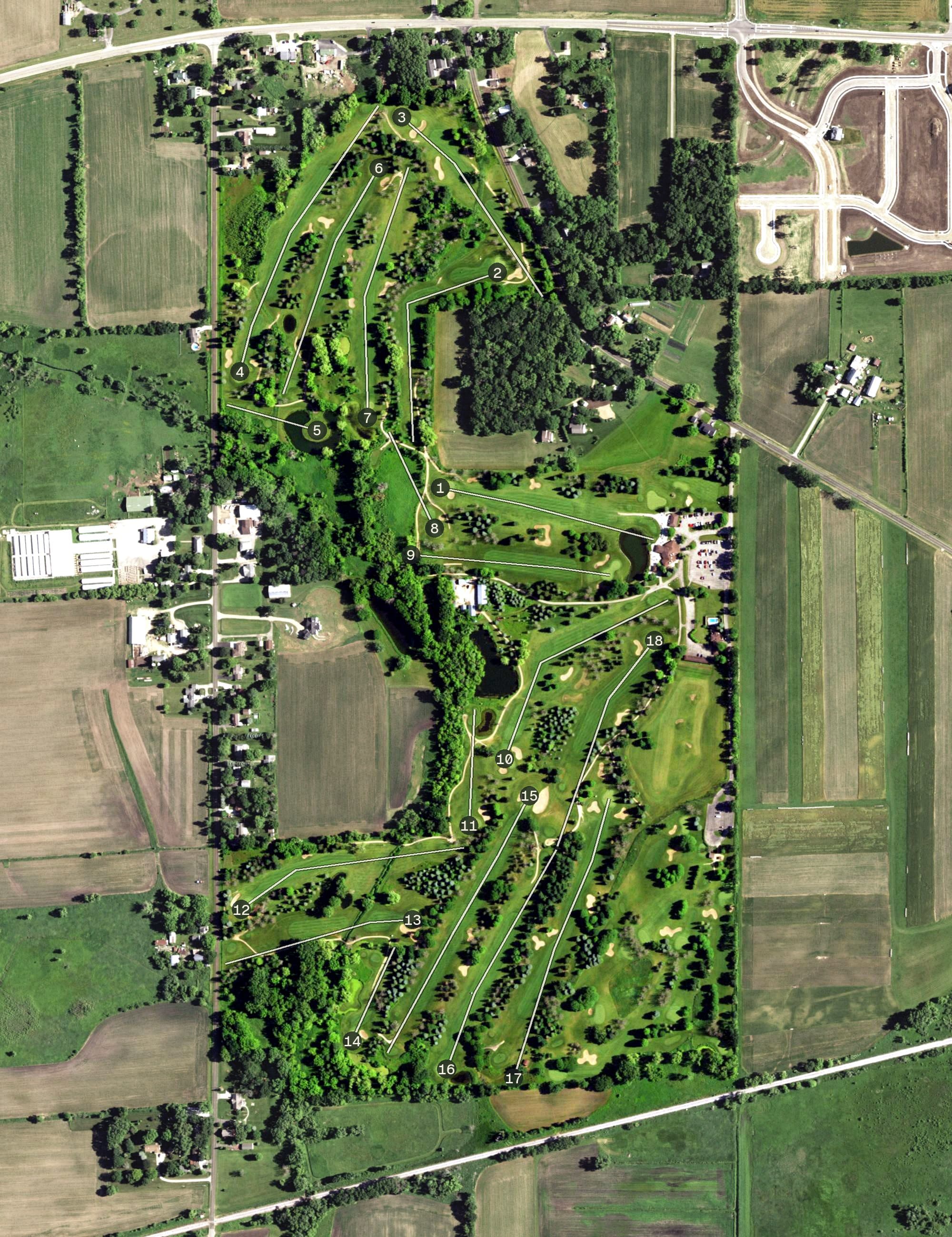 Aerial view of Door Creek Golf Course, WI, with its hole routing marked