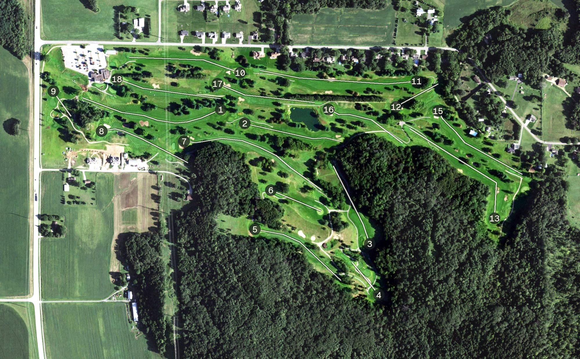 Aerial view of Drugan's Castle Mound, WI, with its hole routing marked