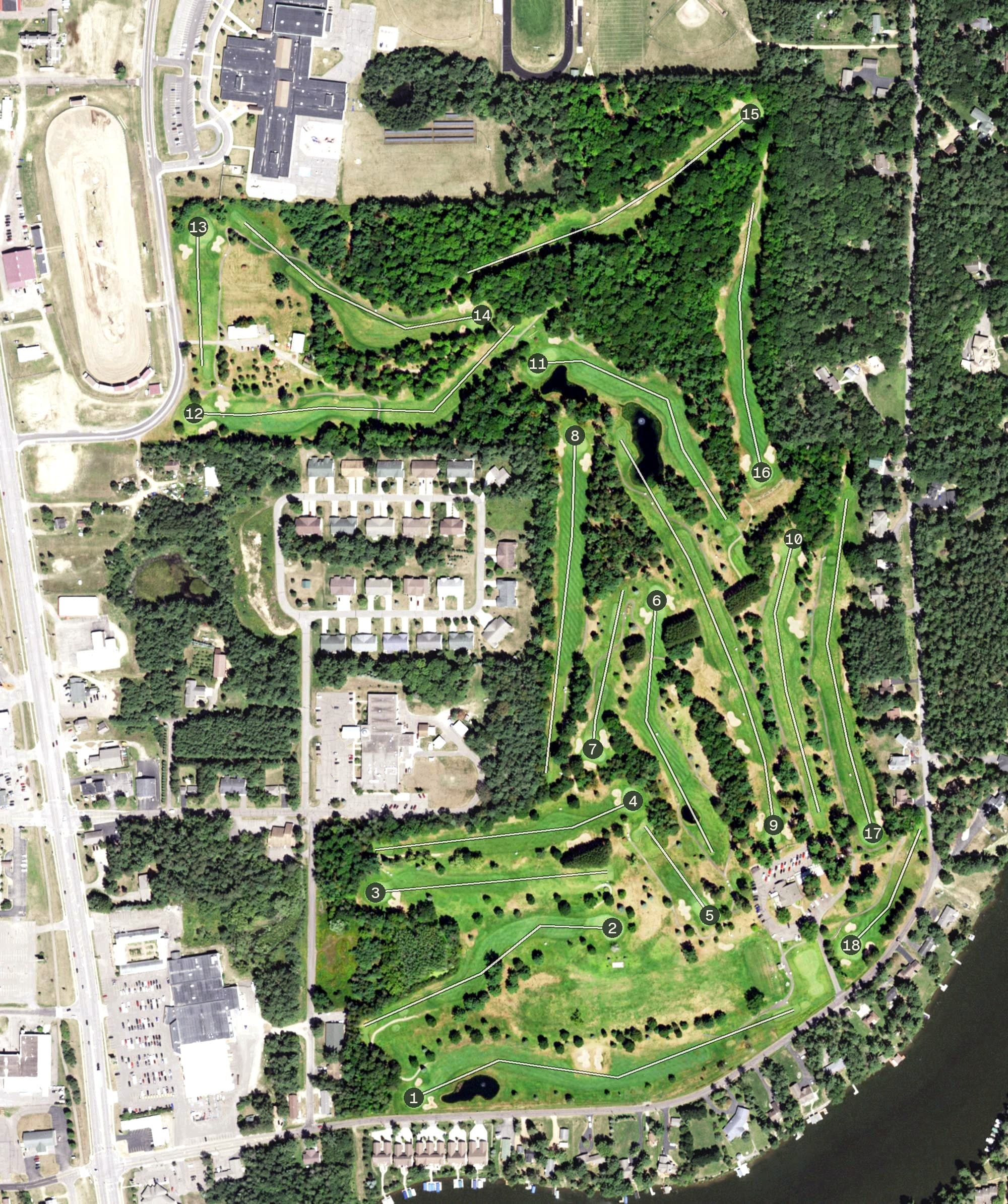 Aerial view of Eagle River Golf Course, WI, with its hole routing marked