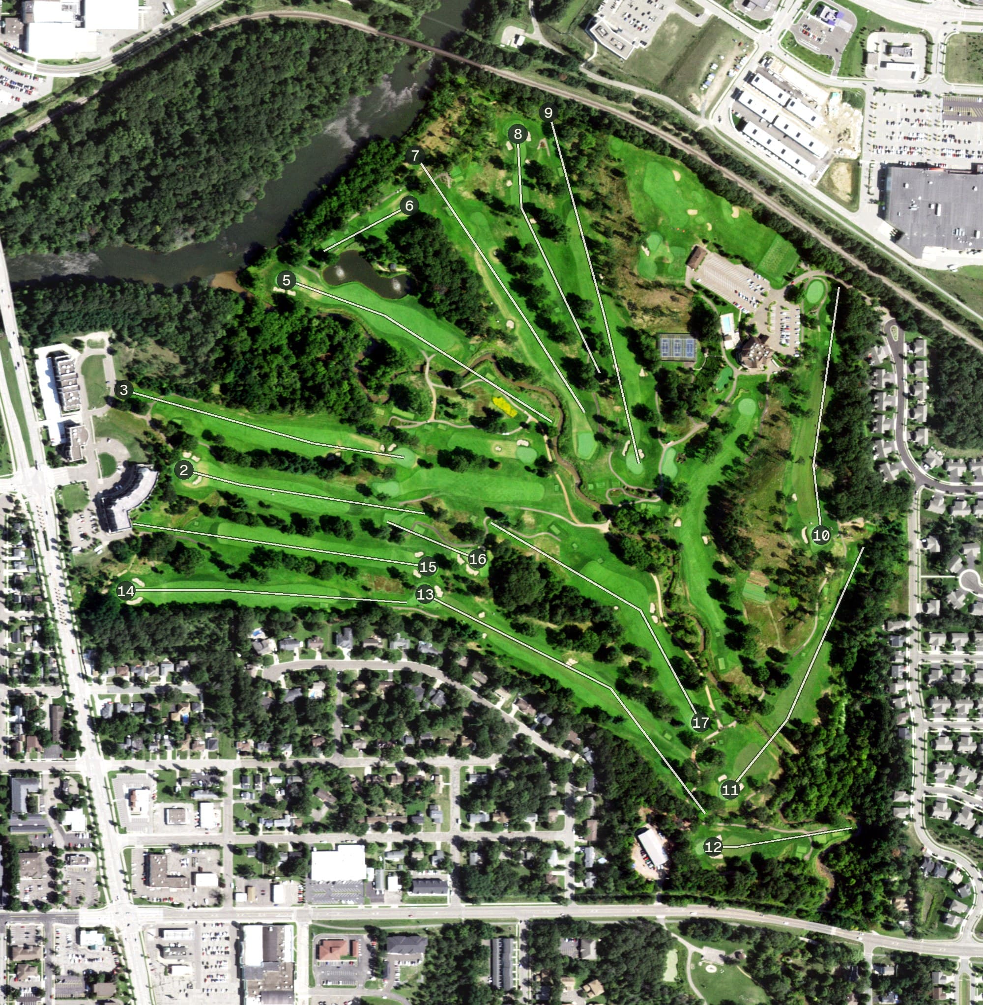 Aerial view of Eau Claire Golf and Country Club, WI, with its hole routing marked