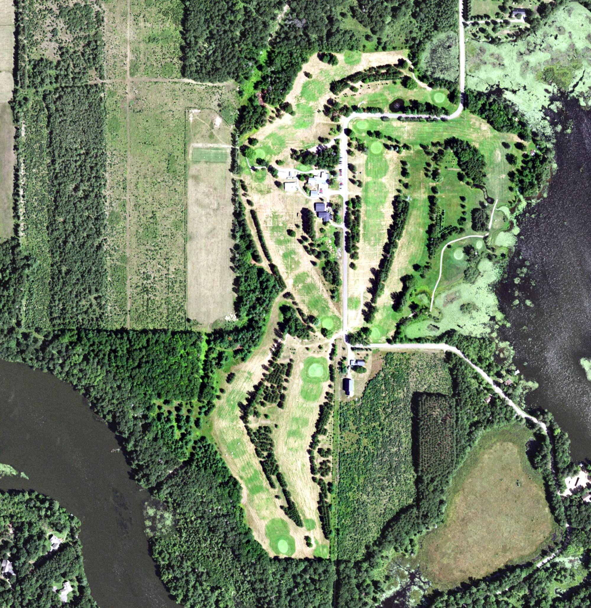 Aerial view of Edgewater Country Club, WI, with its hole routing marked