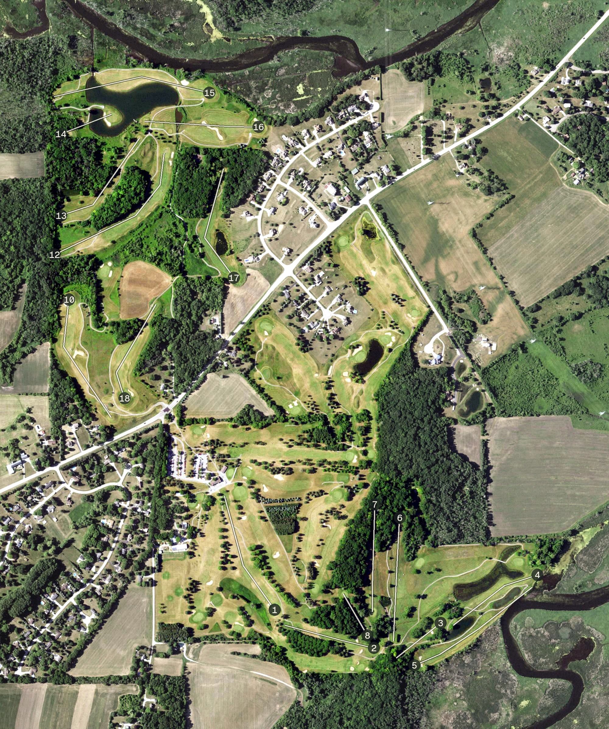 Aerial view of Edgewood Golf Course, WI, with its hole routing marked
