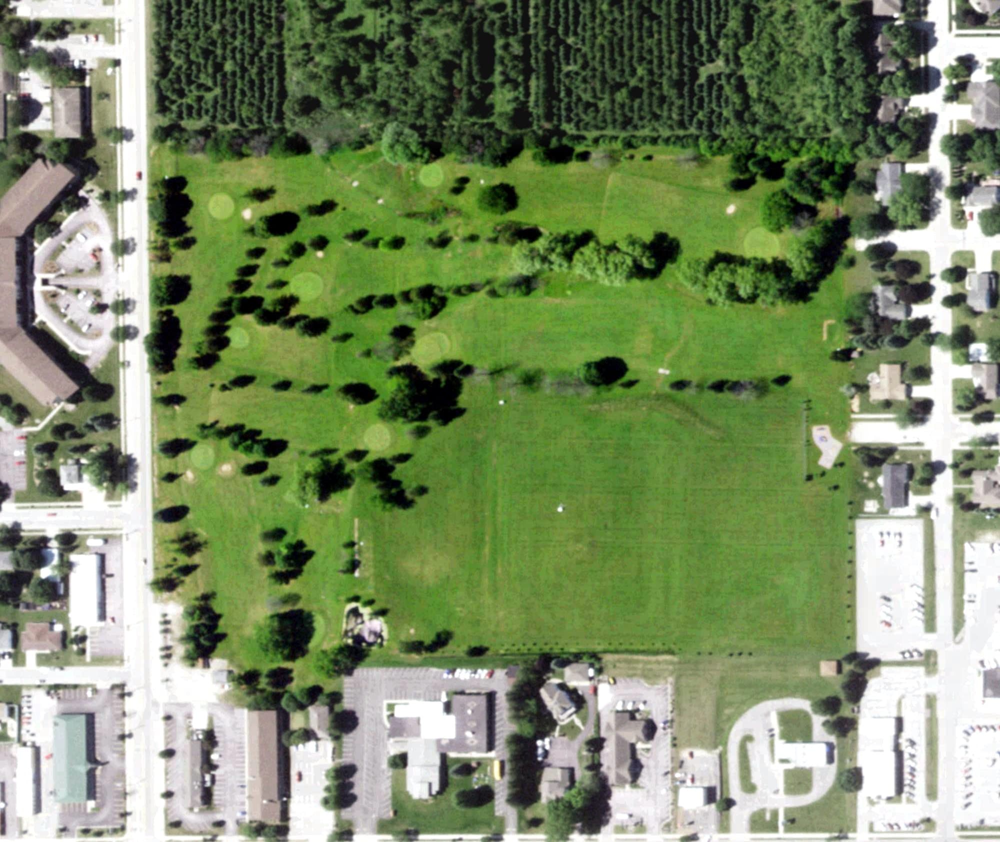 Aerial view of Evergreen Golf Course, WI, with its hole routing marked