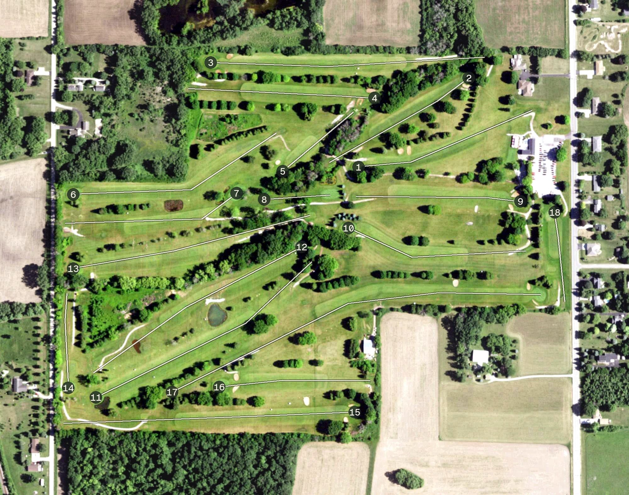 Aerial view of Far Vu Golf Course, WI, with its hole routing marked