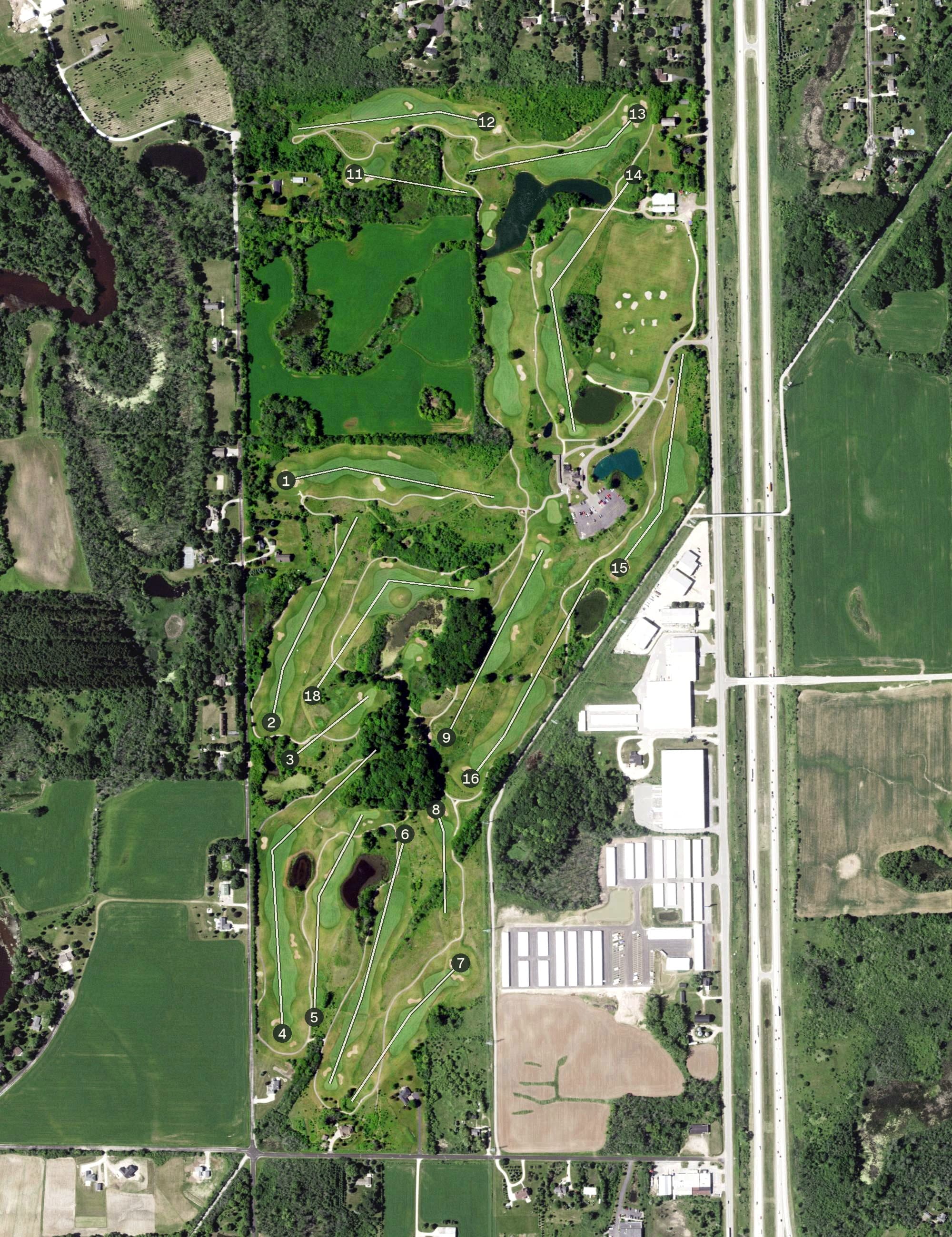 Aerial view of Fire Ridge Golf Club, WI, with its hole routing marked