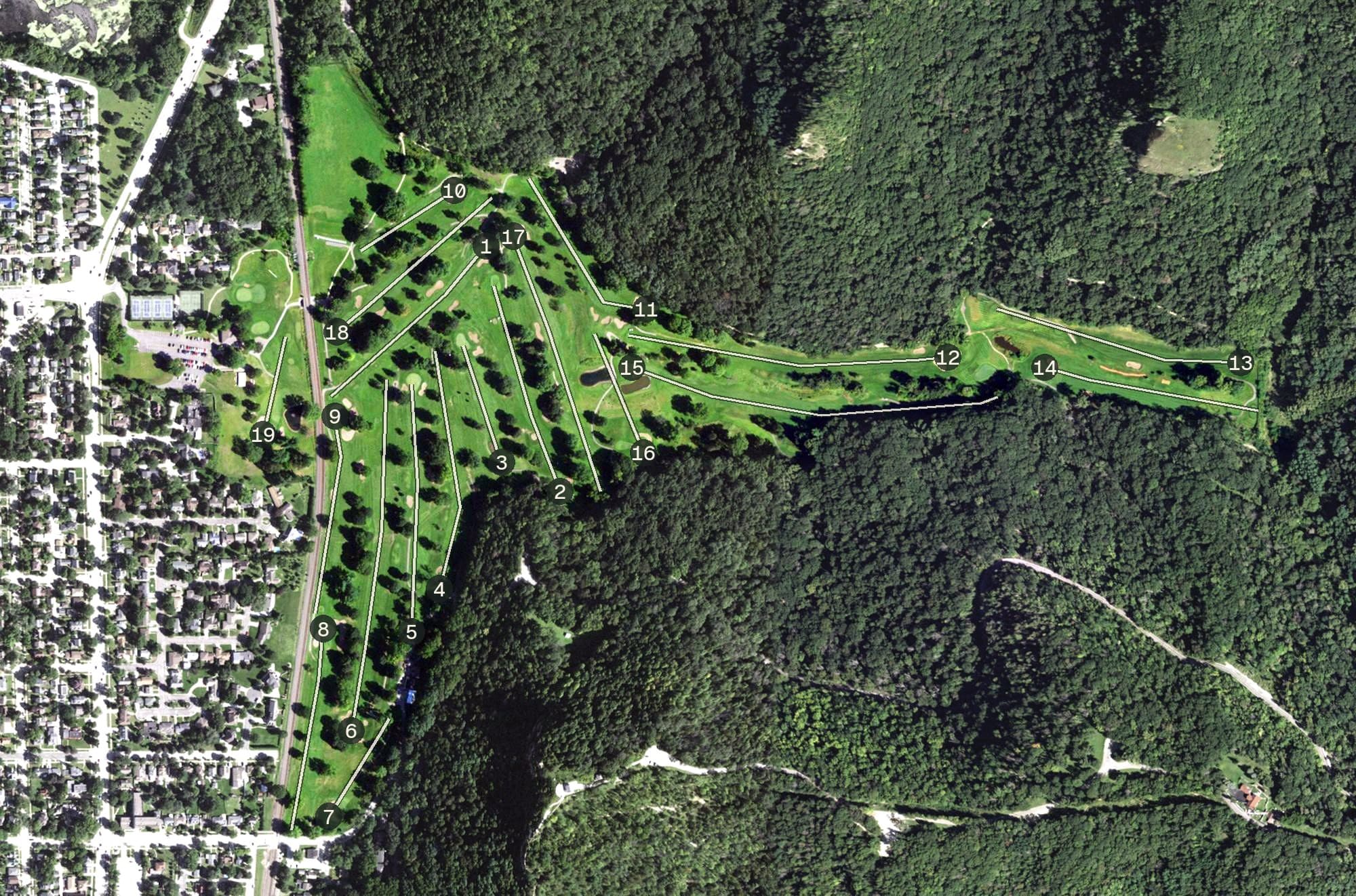 Aerial view of Forest Hills Golf Course, WI, with its hole routing marked