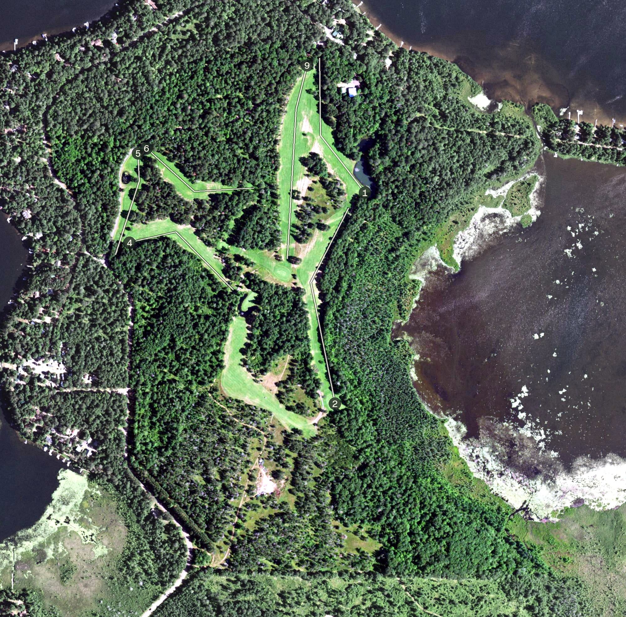 Aerial view of Forest Point Golf Course, WI, with its hole routing marked