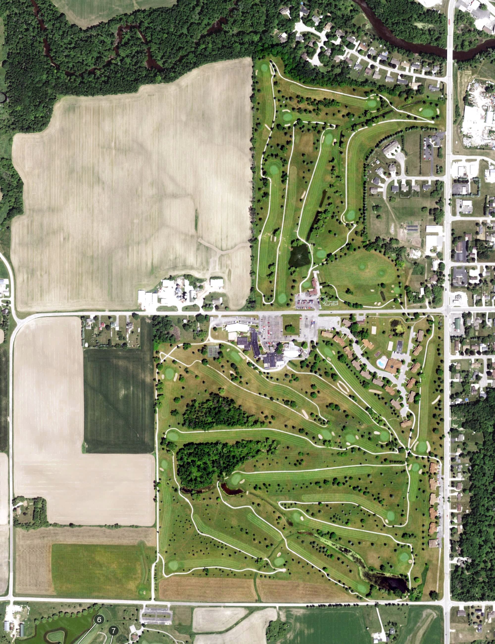 Aerial view of Fox Creek, WI, with its hole routing marked