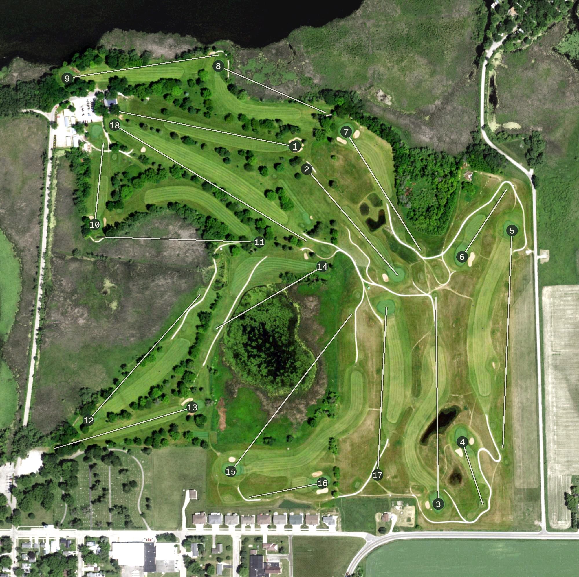 Aerial view of Fox Lake Golf Club, WI, with its hole routing marked