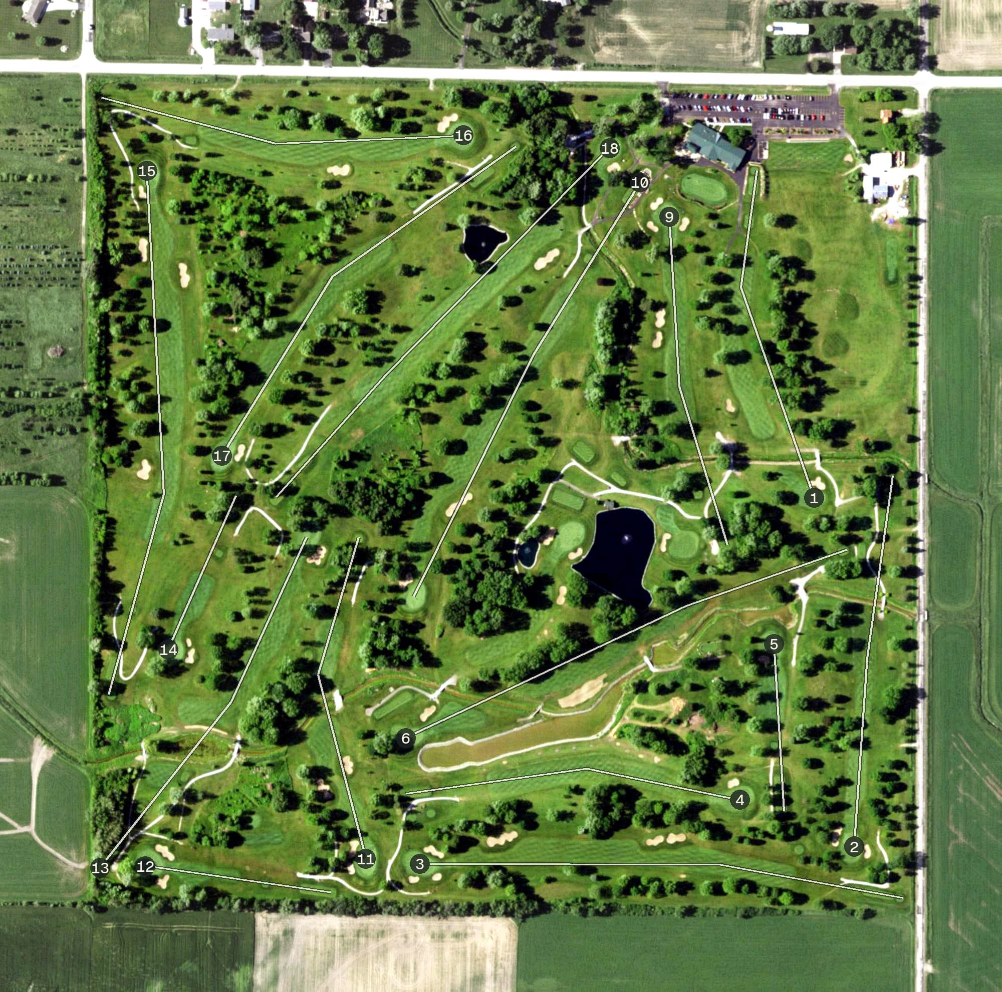 Aerial view of Fox Valley Golf Course, WI, with its hole routing marked