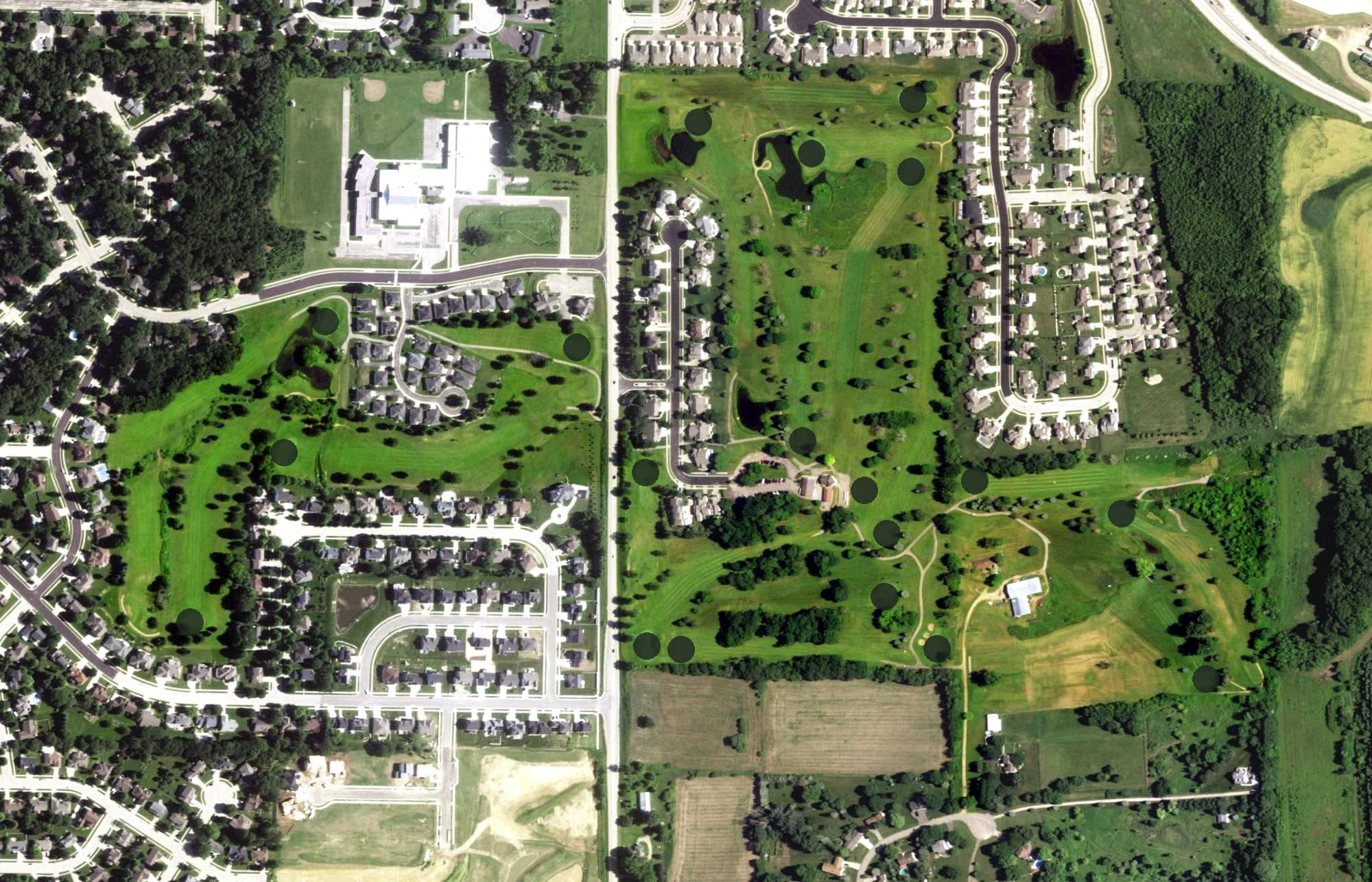 Aerial view of Foxboro Golf Club, WI, with its hole routing marked