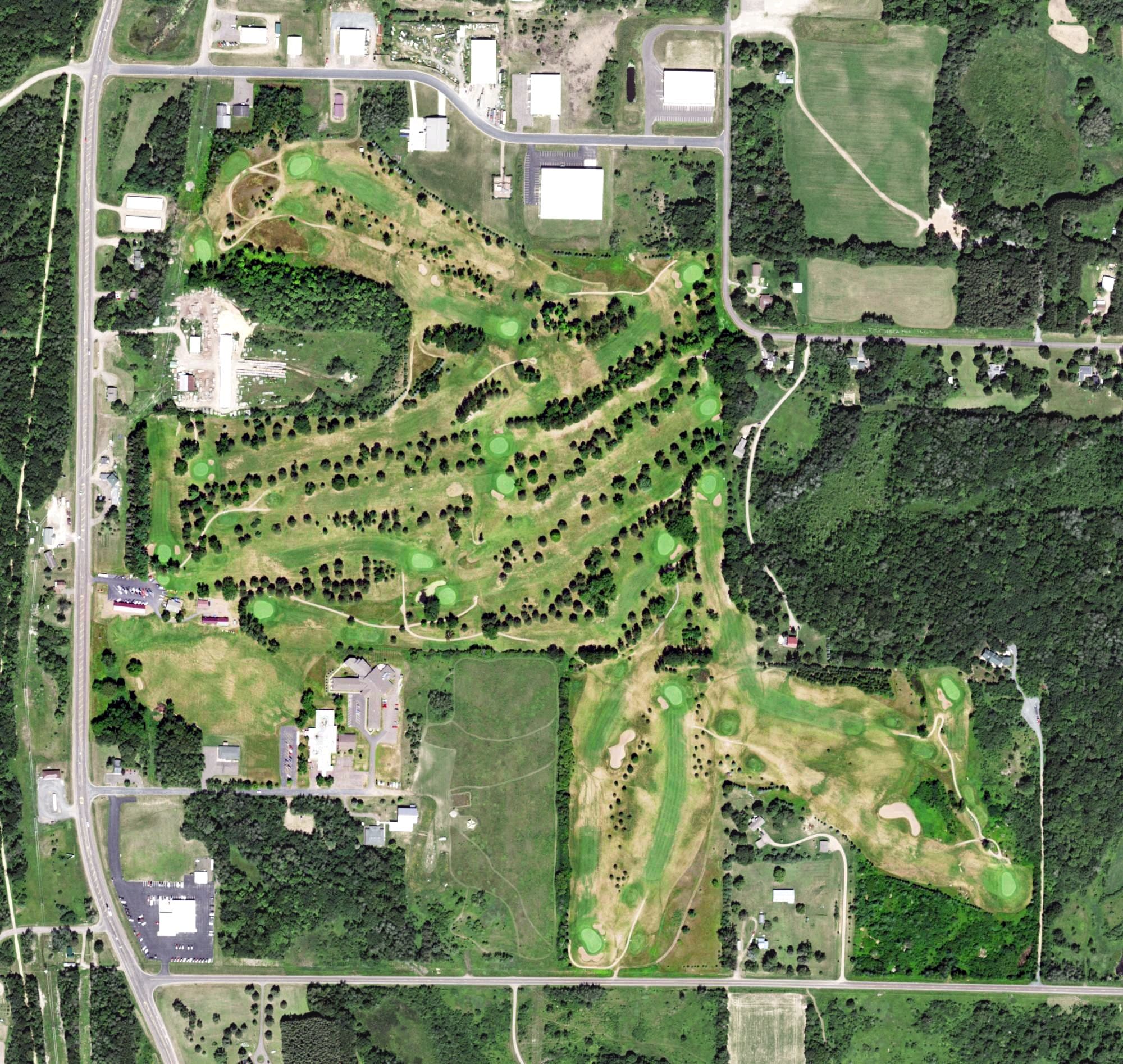 Aerial view of Frederic Golf Course, WI, with its hole routing marked