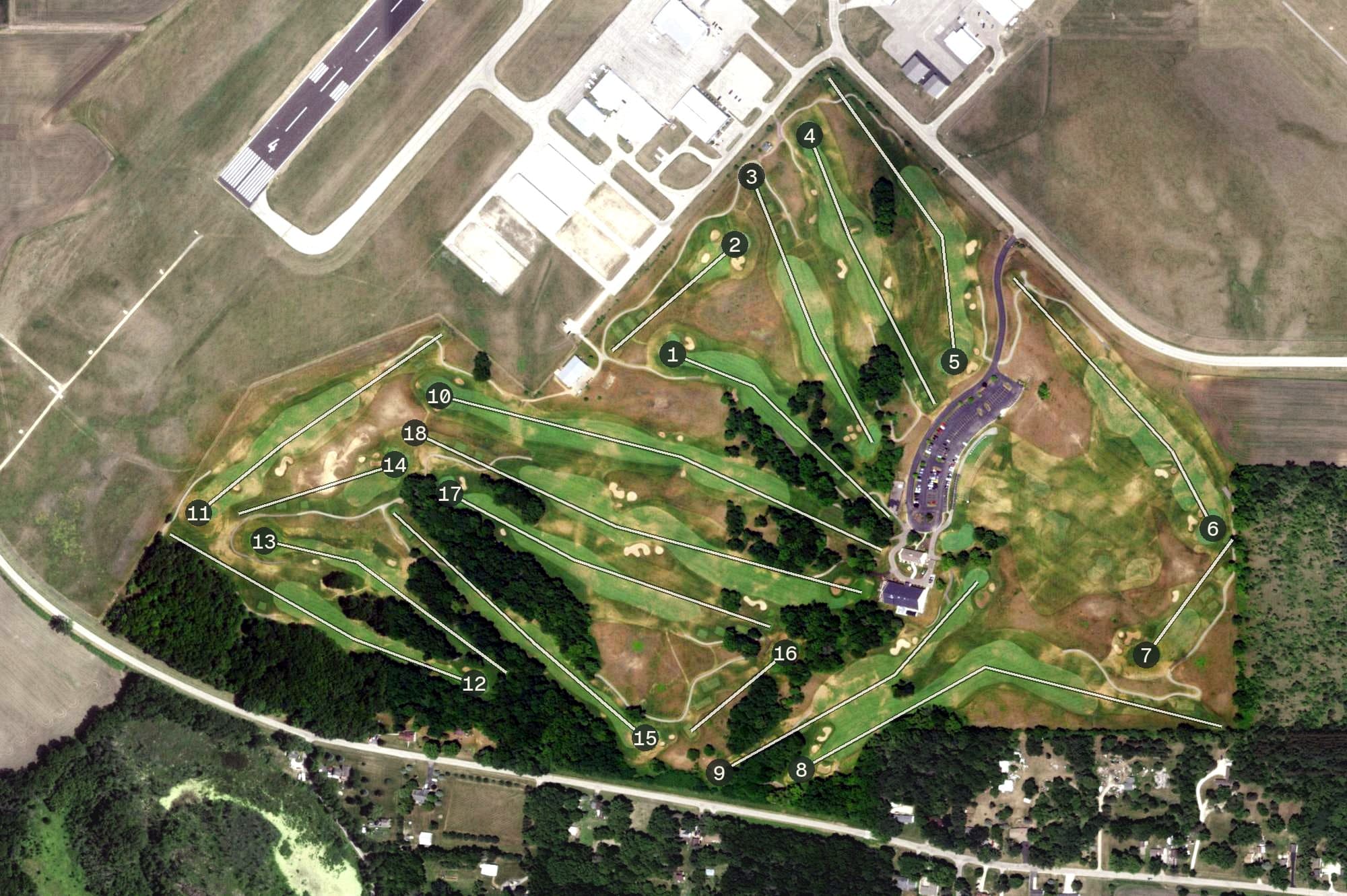 Aerial view of Glen Erin Golf Club, WI, with its hole routing marked