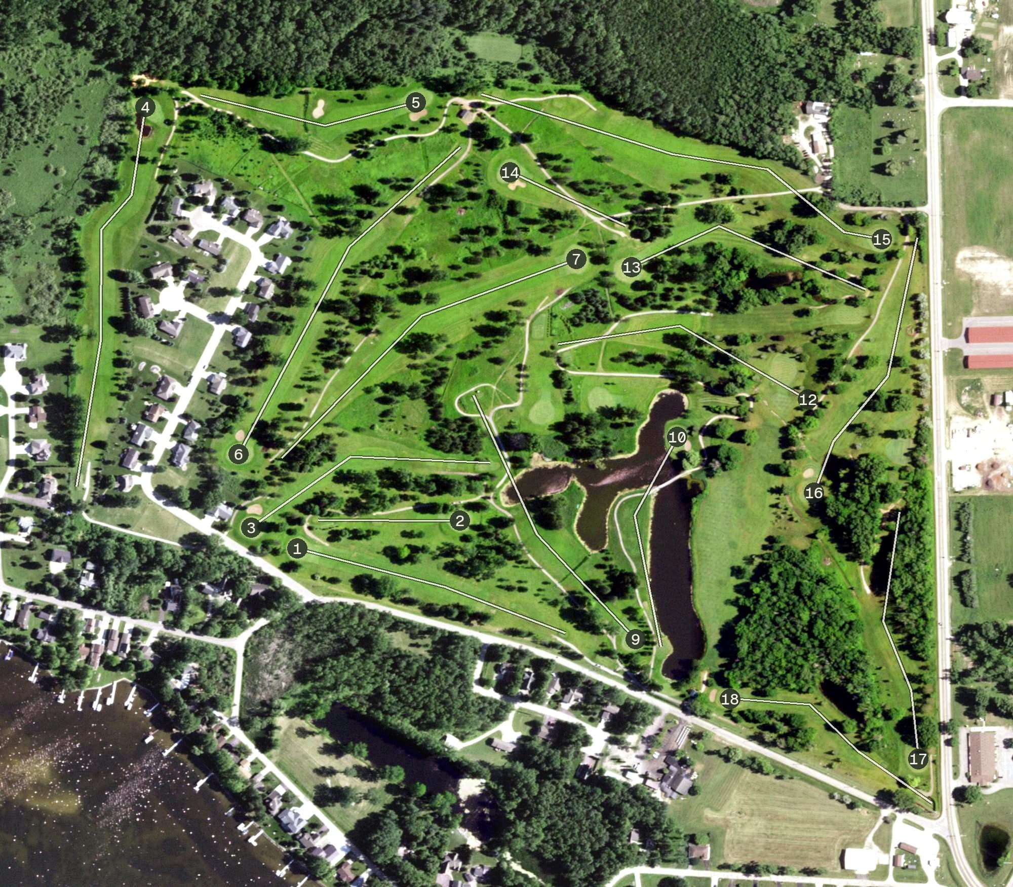 Aerial view of Golden Sands Golf Community, WI, with its hole routing marked
