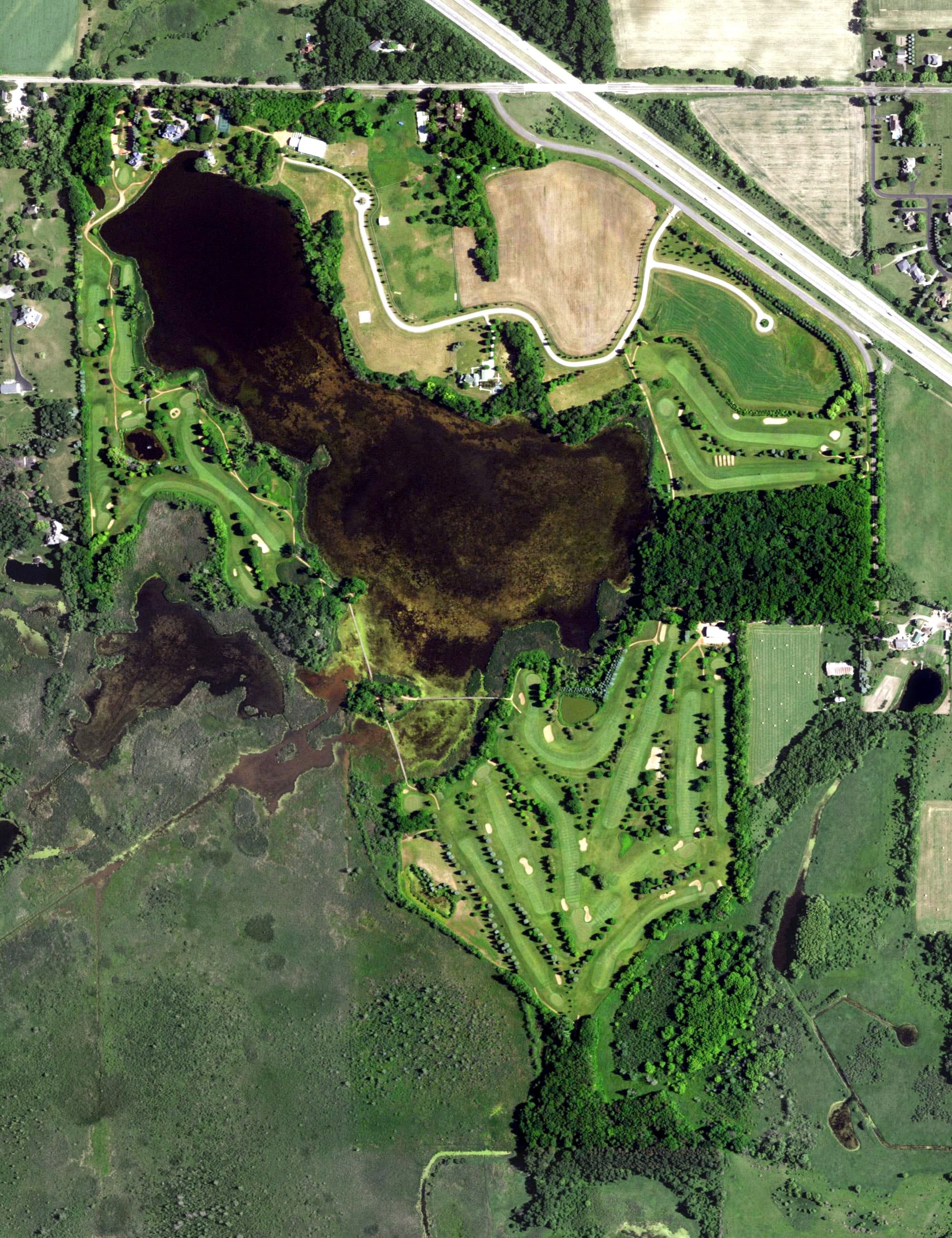 Aerial view of Goldeneye Club, WI, with its hole routing marked
