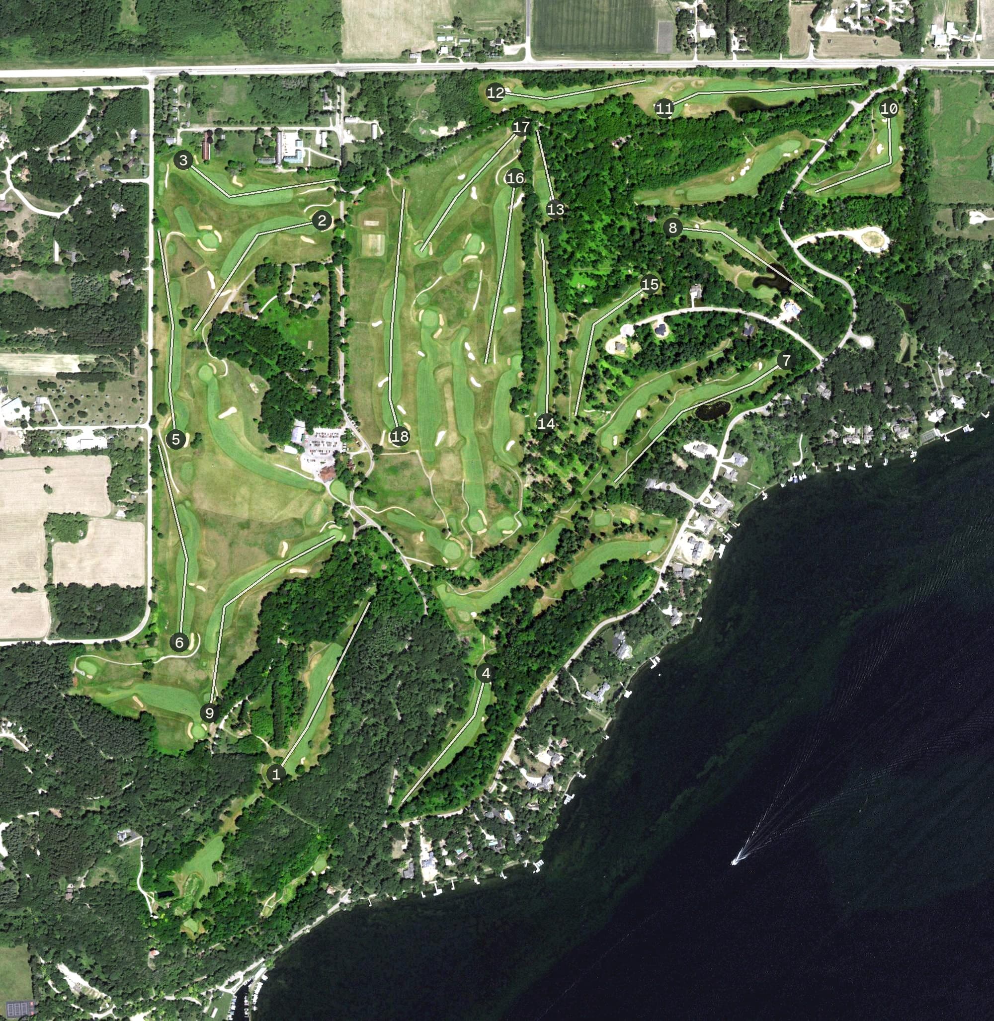 Aerial view of Golf Courses of Lawsonia, WI, with its hole routing marked