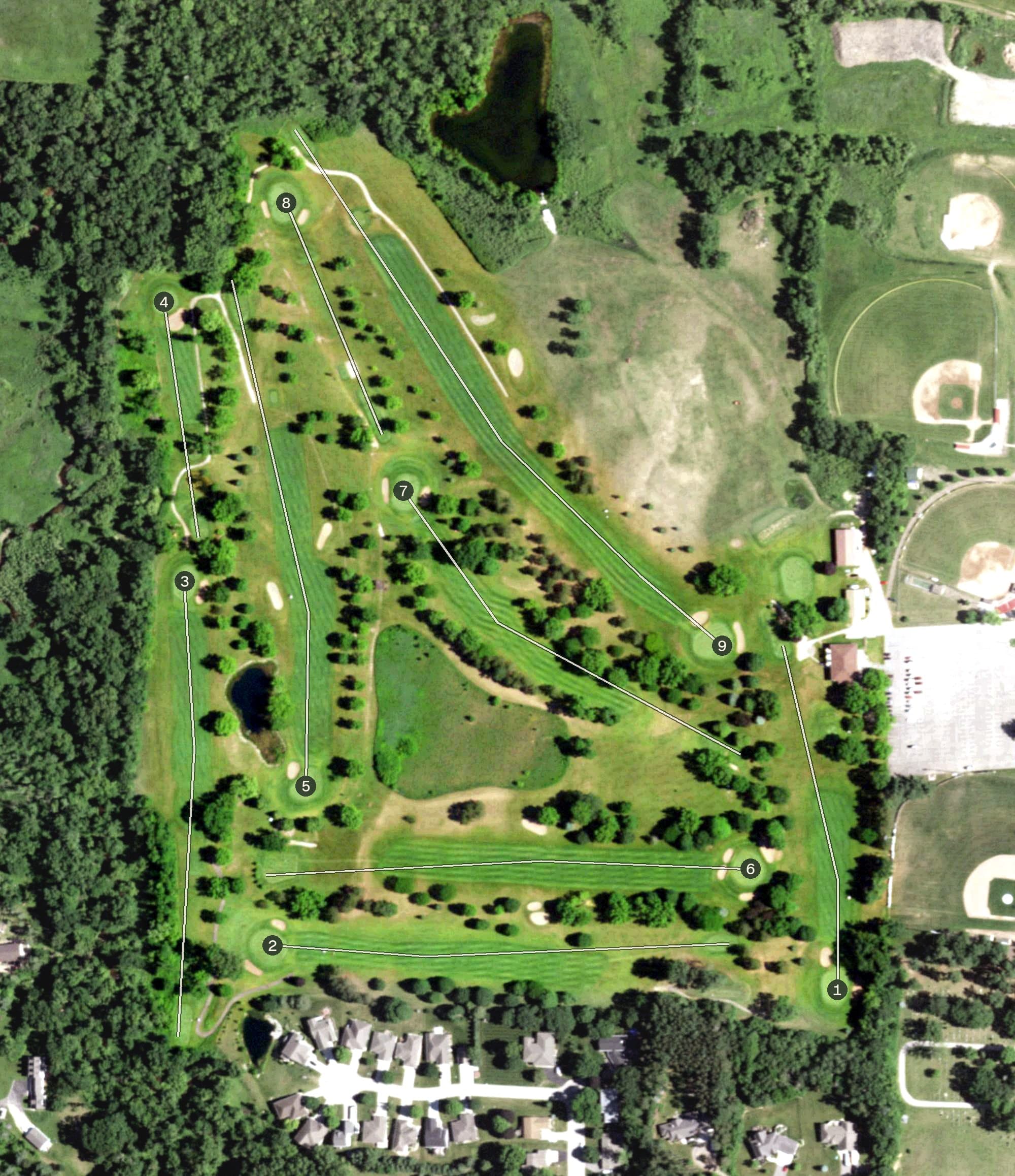 Aerial view of Grand View Golf Course, WI, with its hole routing marked