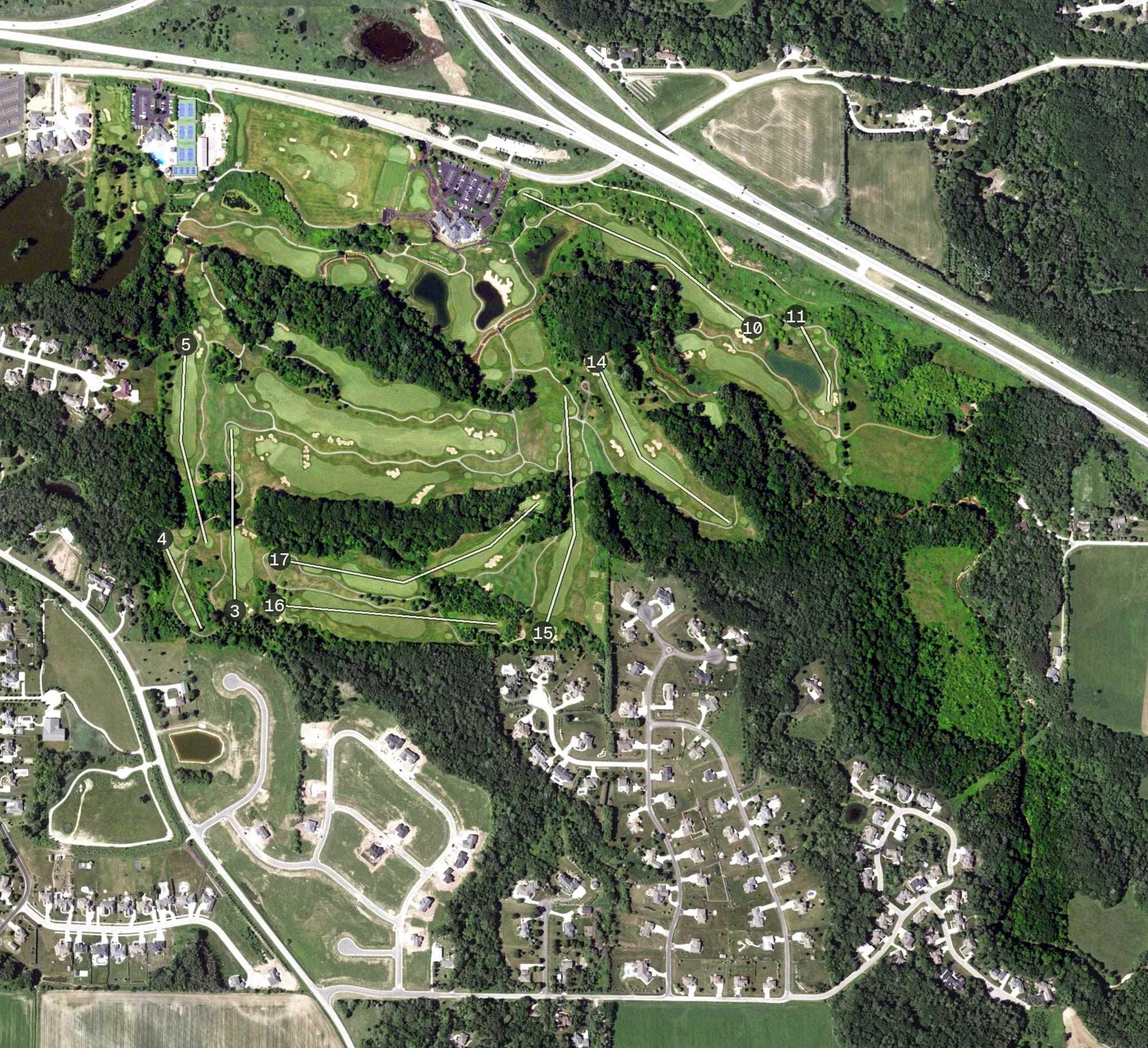 Aerial view of Green Bay Country Club, WI, with its hole routing marked