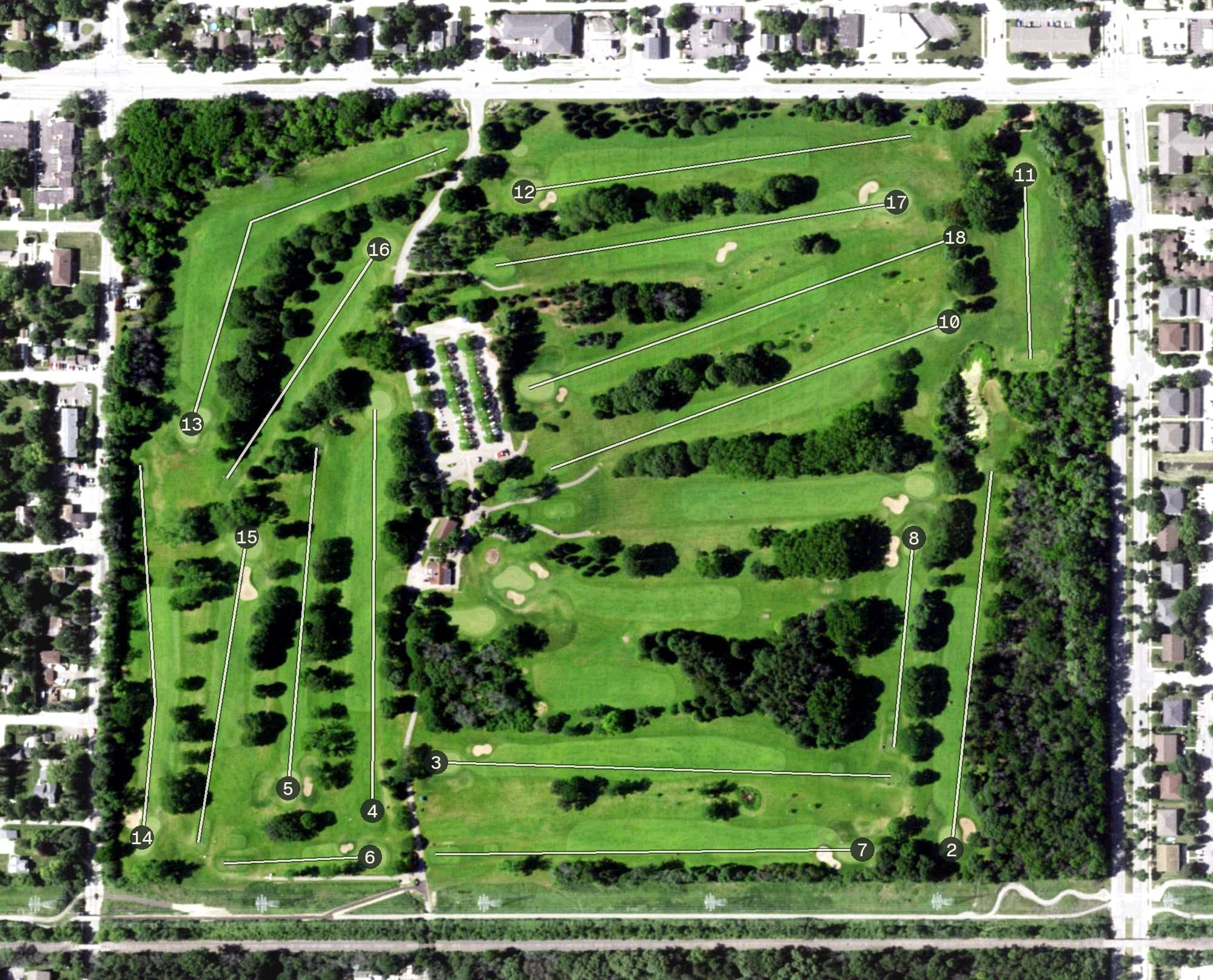 Aerial view of Greenfield Park Golf Course, WI, with its hole routing marked