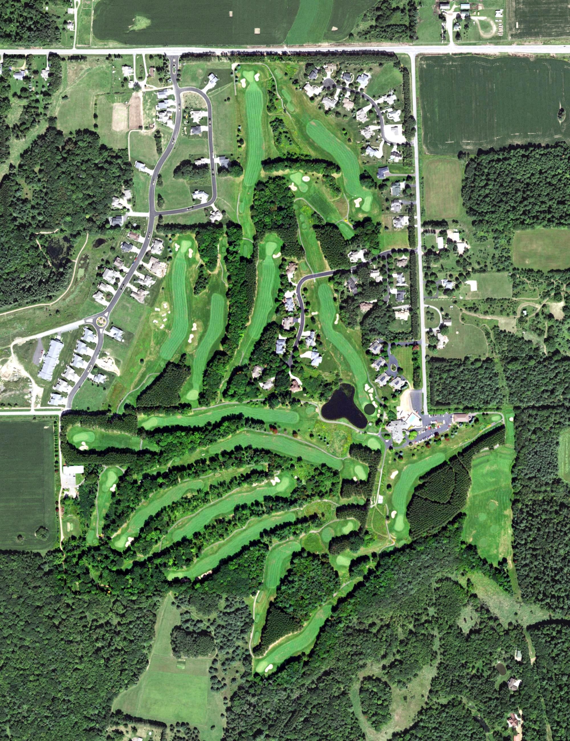Aerial view of Greenwood Hills Country Club, WI, with its hole routing marked