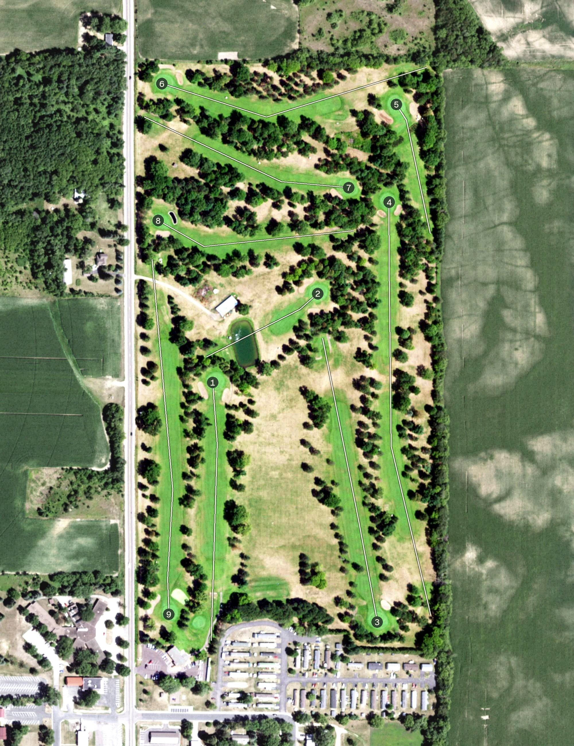 Aerial view of Hammond Golf Club, WI, with its hole routing marked