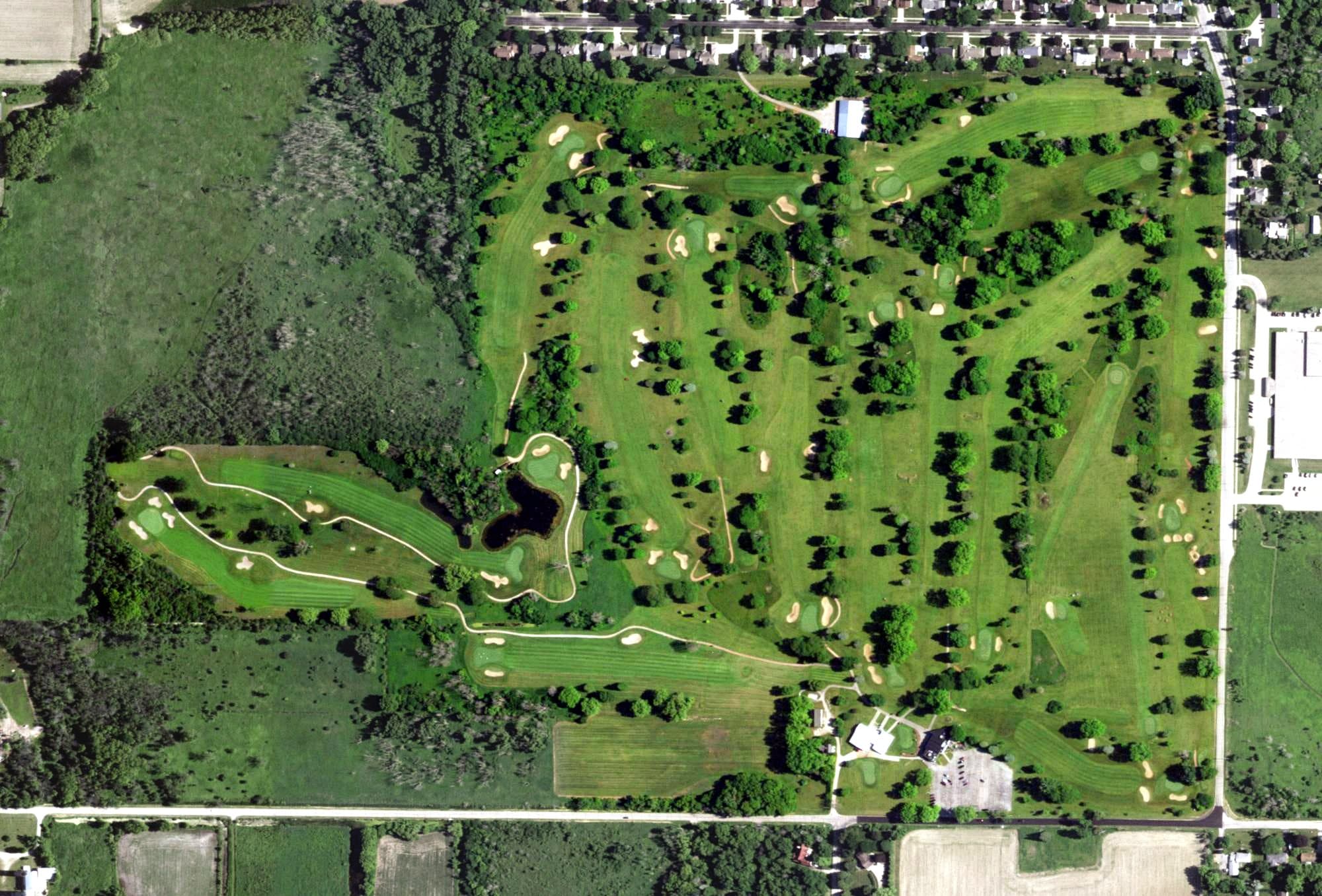 Aerial view of Hartford Golf Club, WI, with its hole routing marked