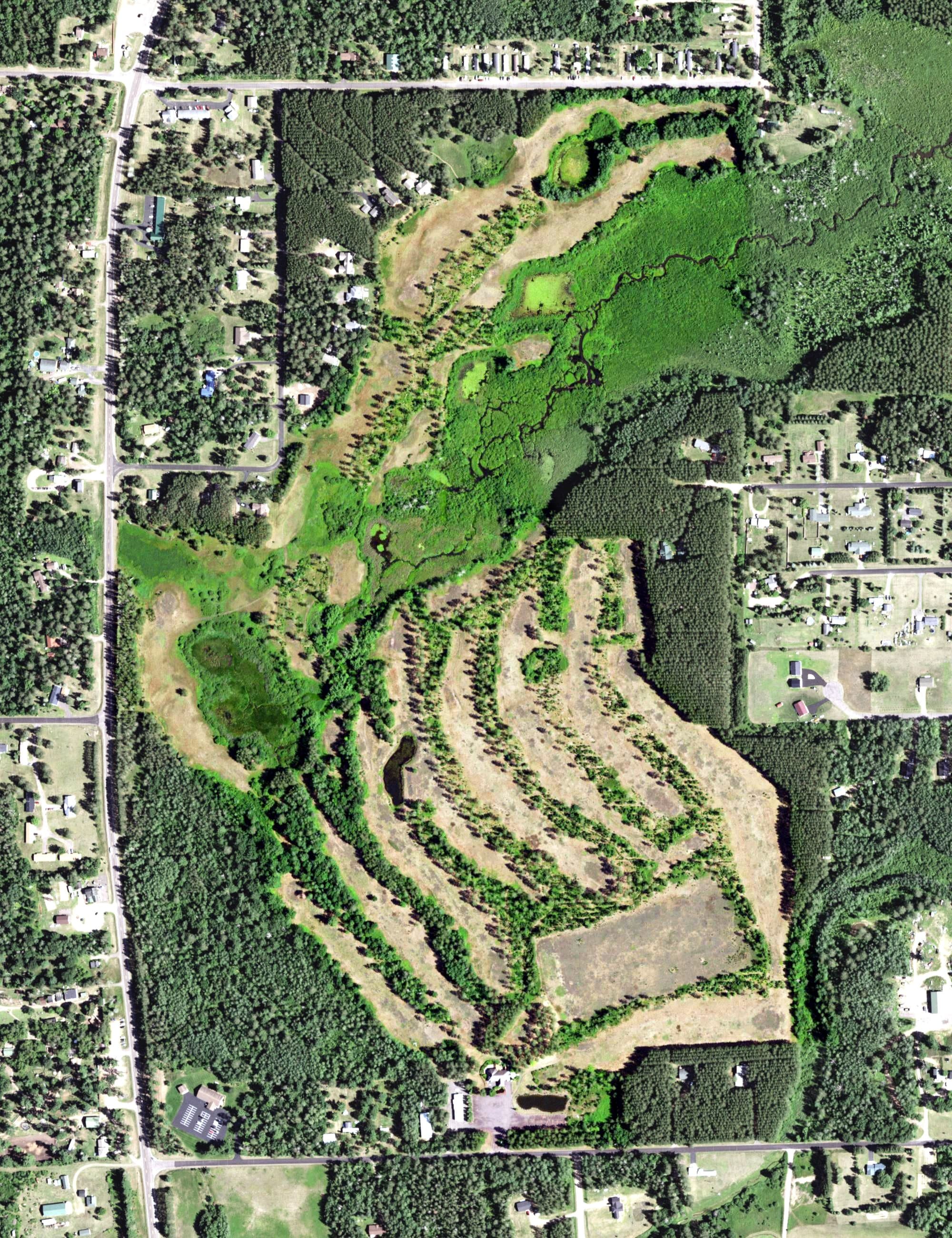 Aerial view of Hayward National Golf Club, WI, with its hole routing marked