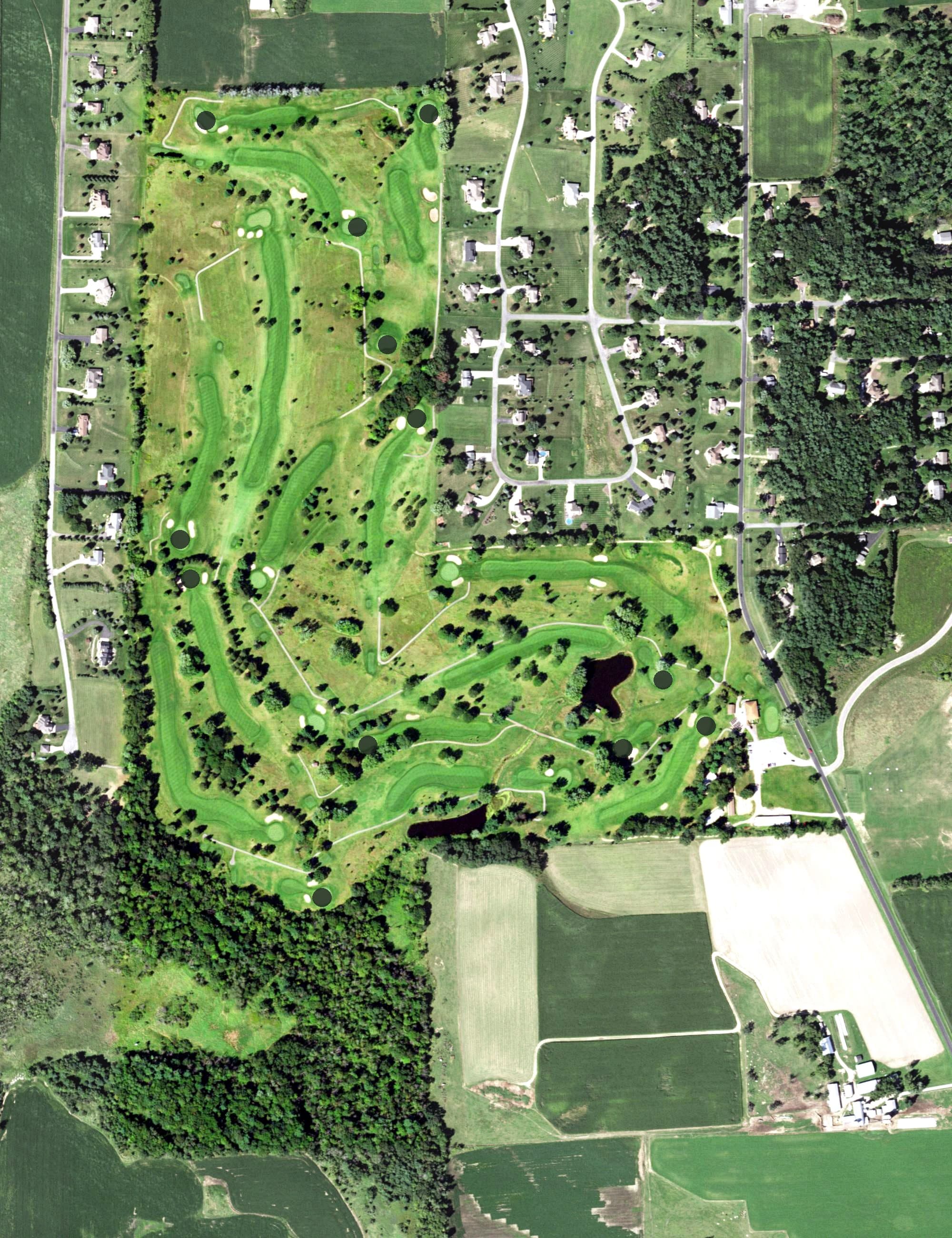 Aerial view of Hiawatha Golf Club, WI, with its hole routing marked
