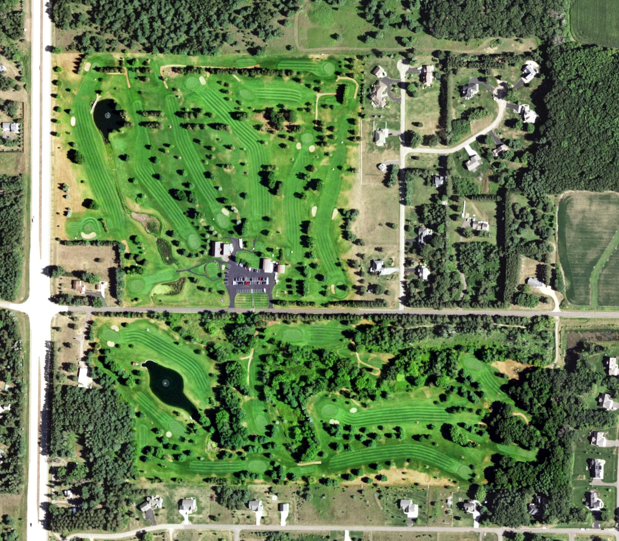 Aerial view of Hickory Hills Golf Course, WI, with its hole routing marked
