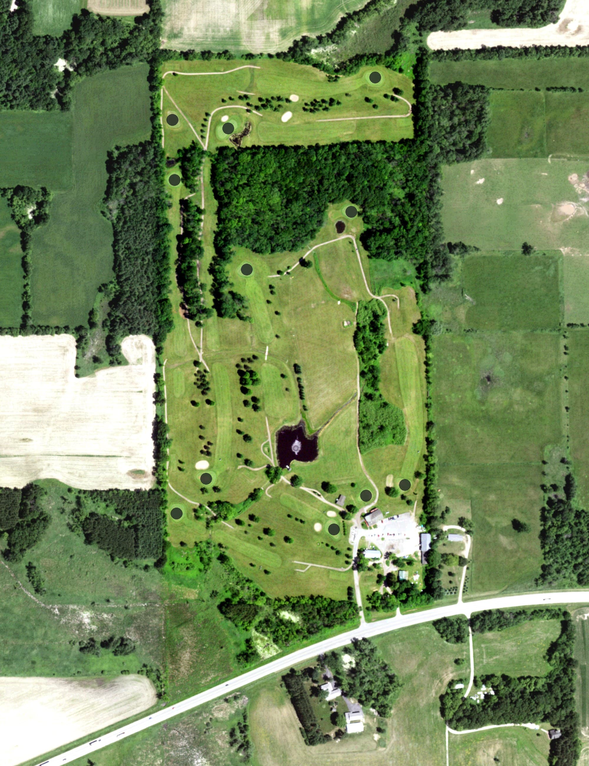 Aerial view of Hidden Waters Golf Course, WI, with its hole routing marked