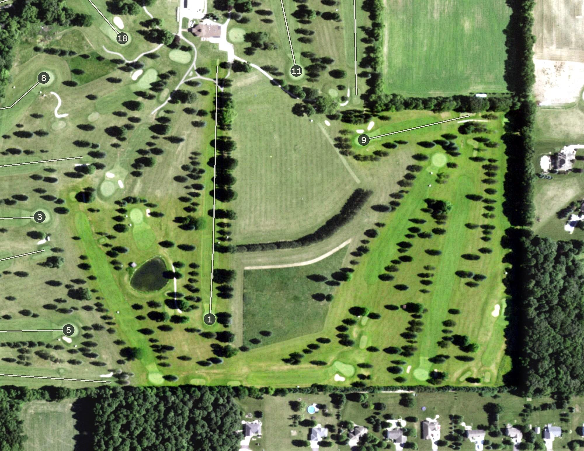 Aerial view of Highlands Course, WI, with its hole routing marked