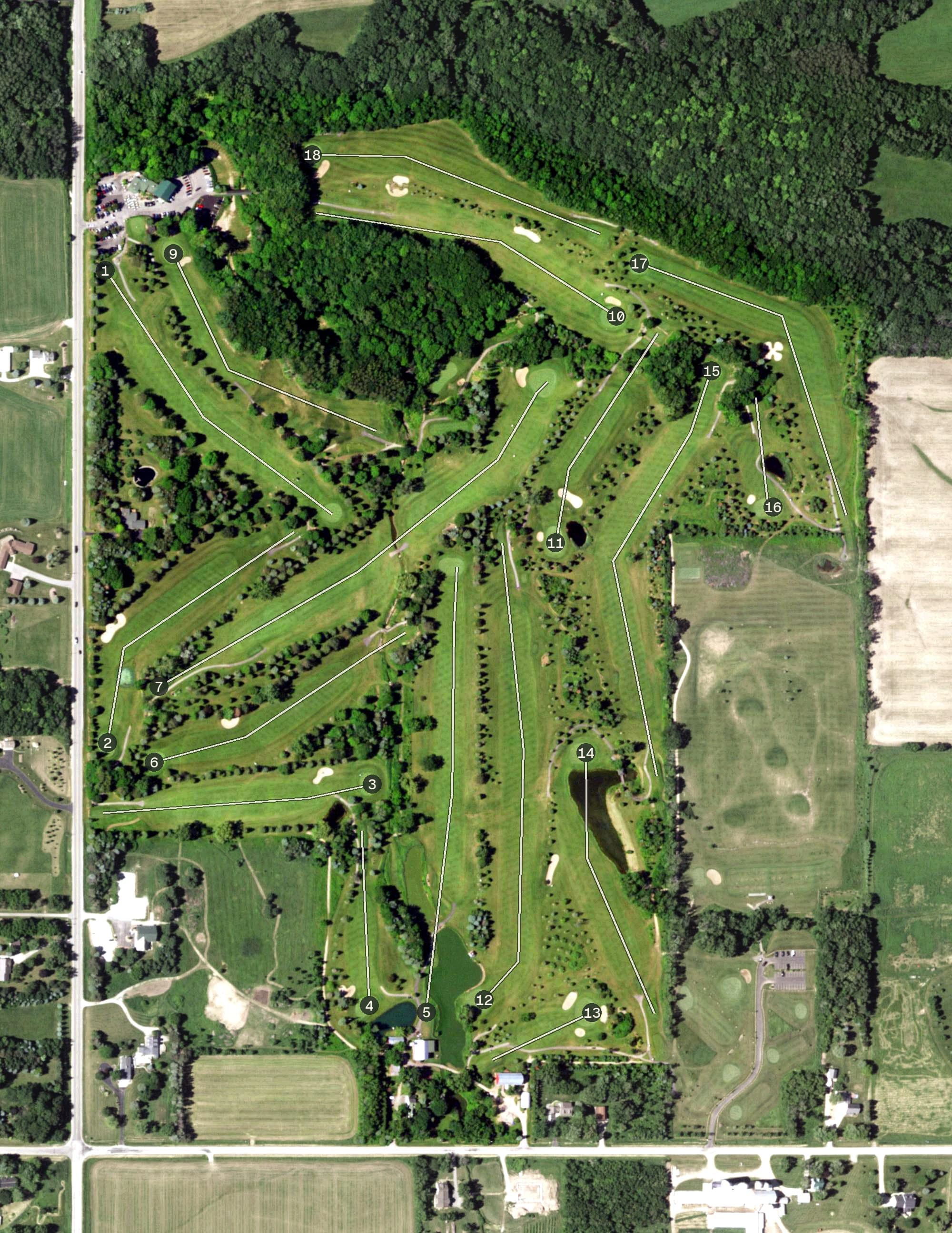 Aerial view of Hilly Haven Golf Course, WI, with its hole routing marked