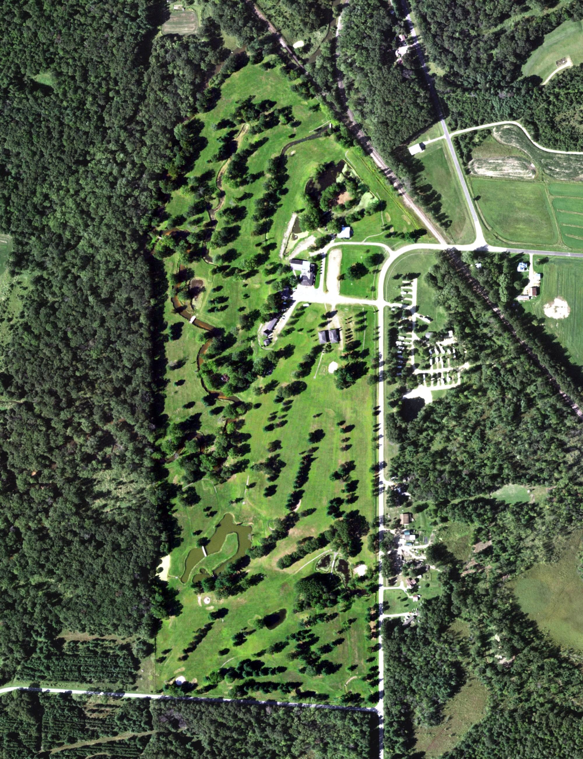 Aerial view of Holiday Lodge Golf Resort, WI, with its hole routing marked
