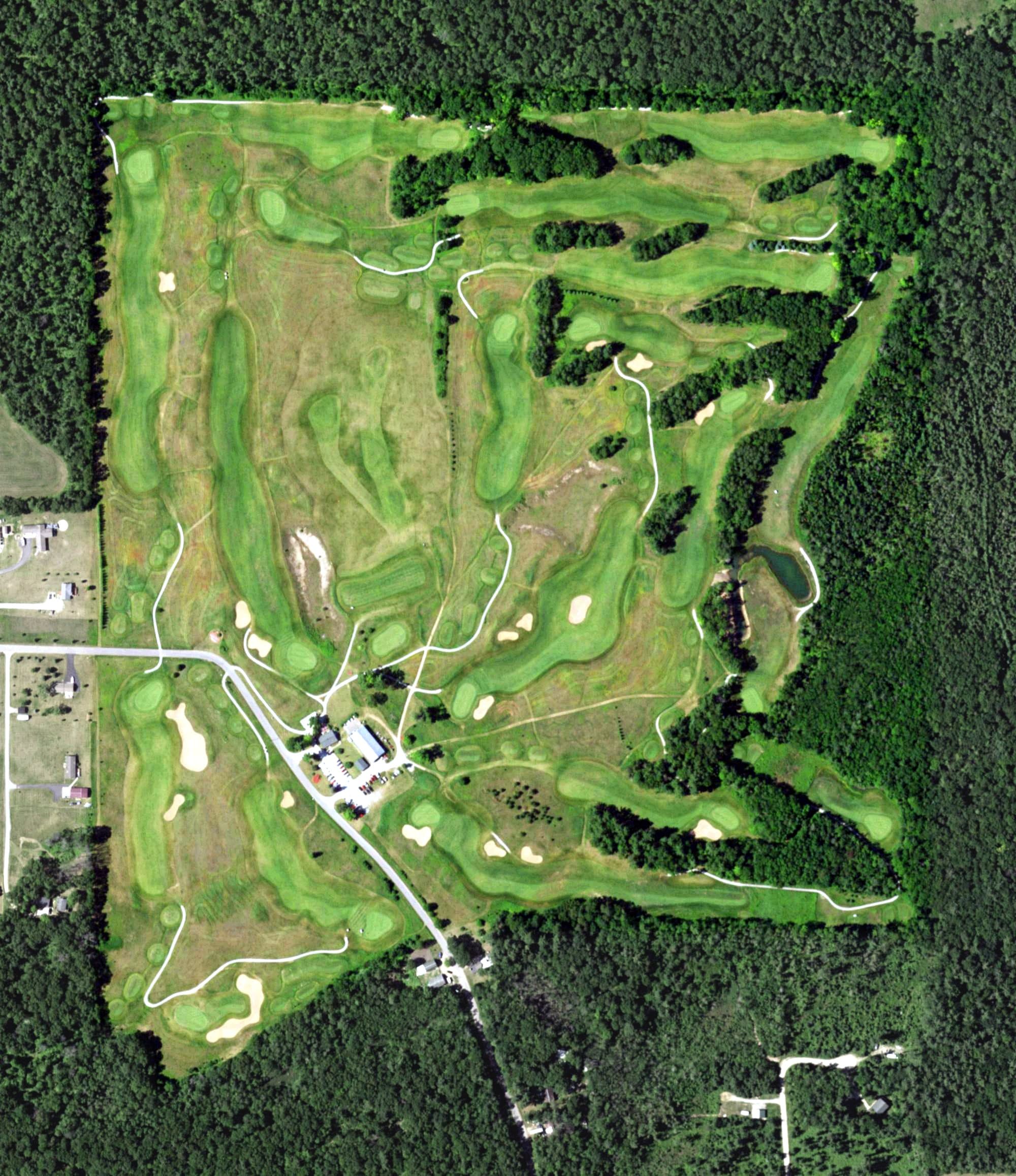 Aerial view of Hunters Glen Golf Club, WI, with its hole routing marked