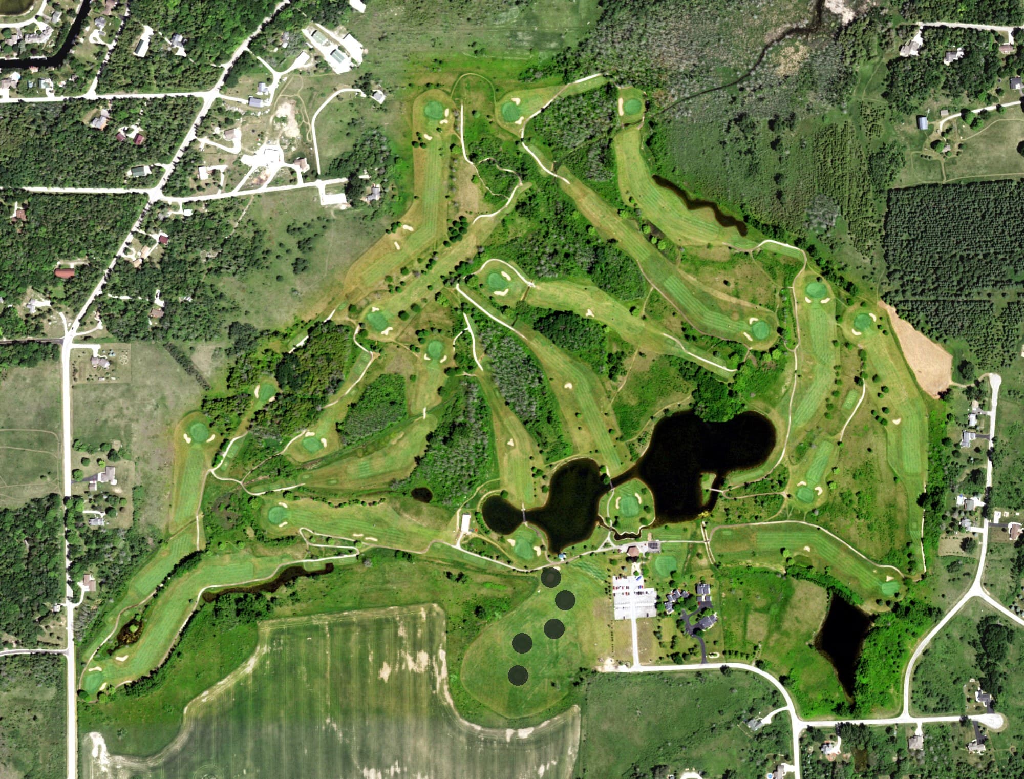 Aerial view of IdleWild Golf Club, WI, with its hole routing marked