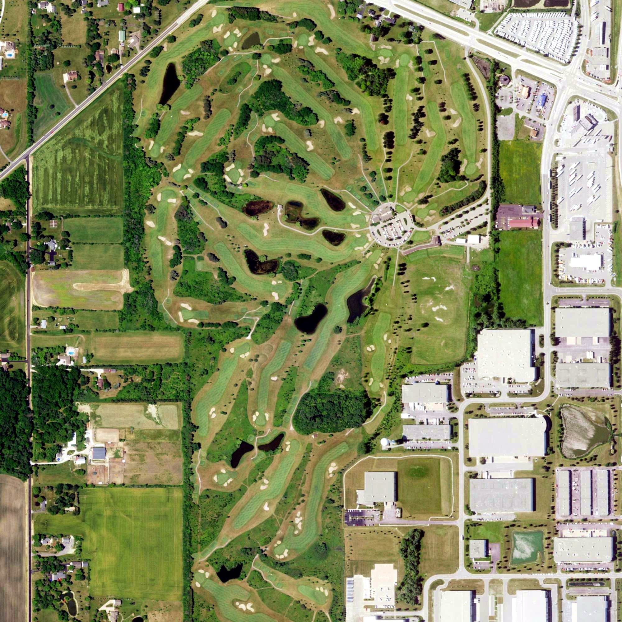 Aerial view of Ives Grove Golf Links, WI, with its hole routing marked