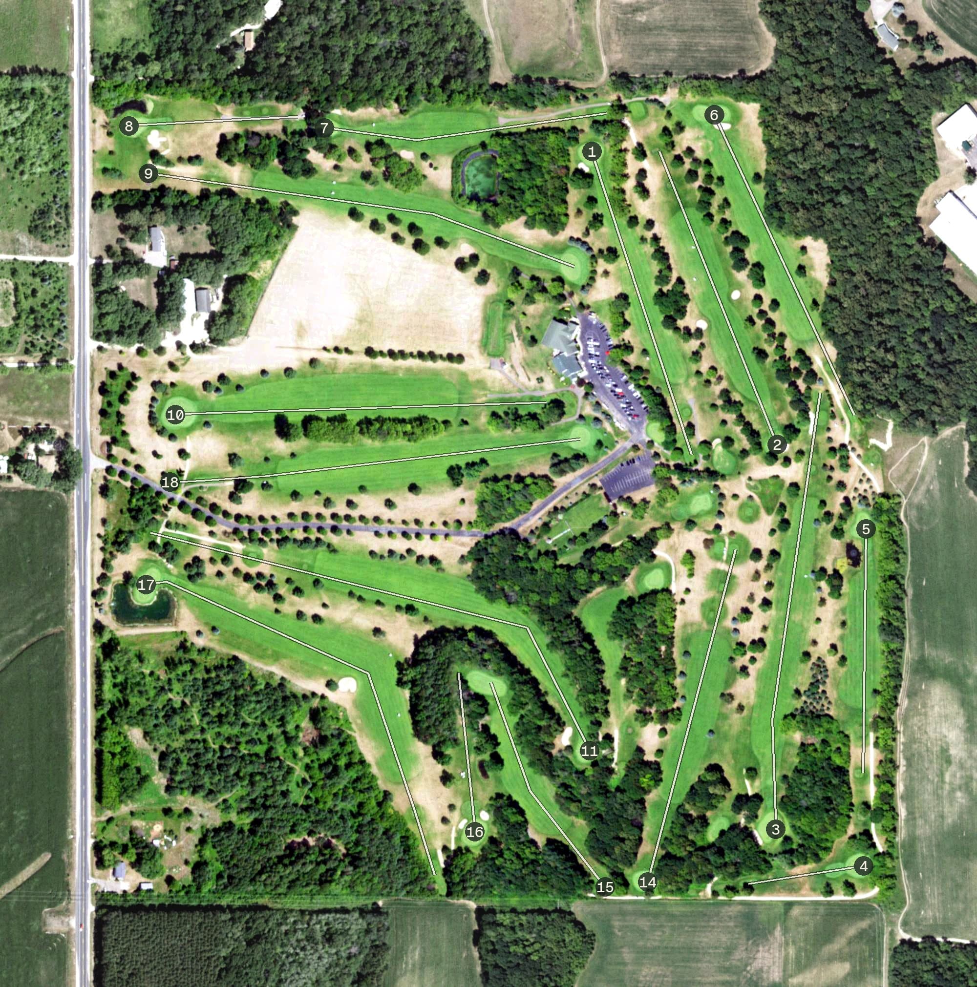 Aerial view of Kilkarney Hills Golf Course, WI, with its hole routing marked