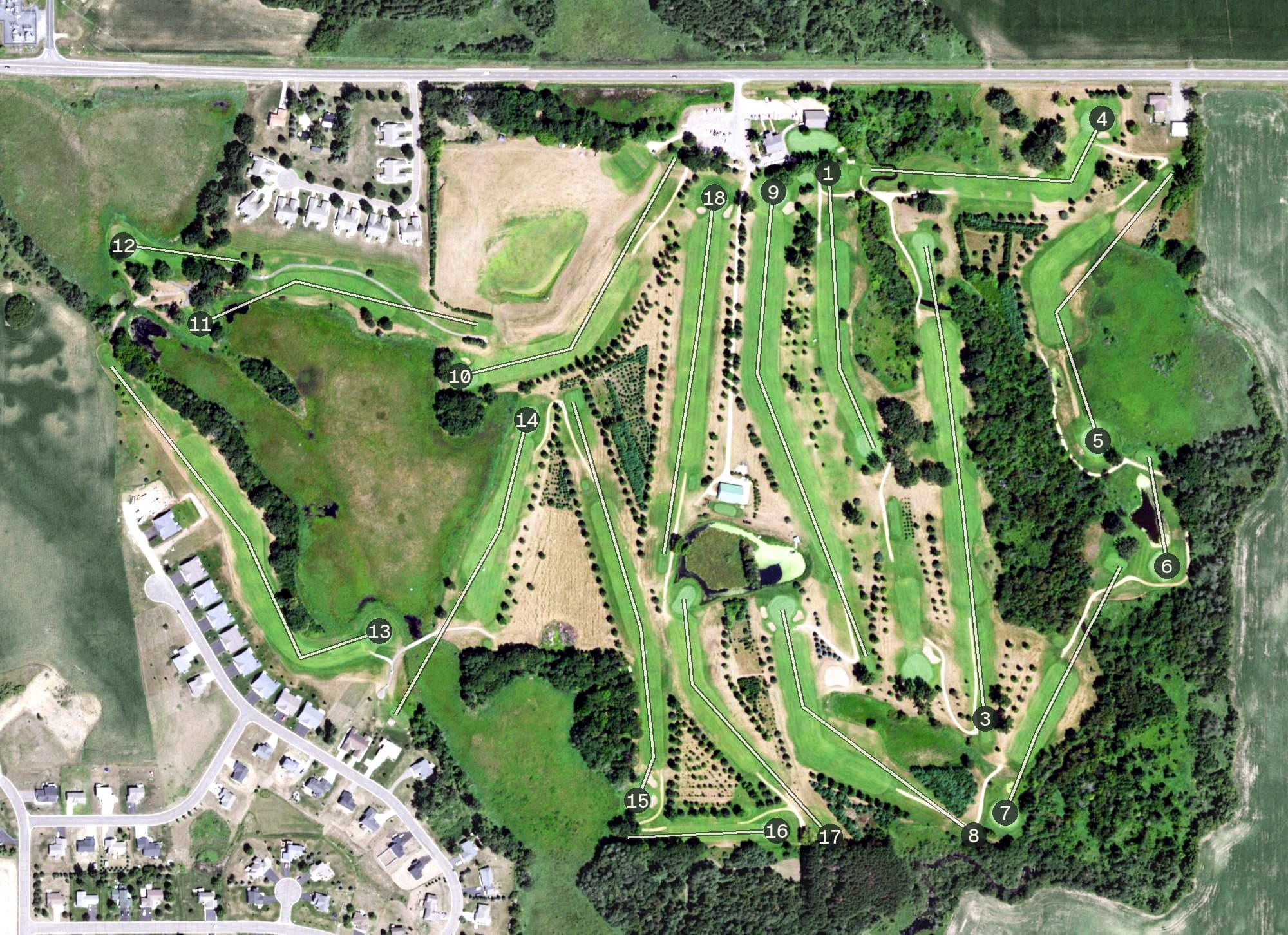 Aerial view of Krooked Kreek Golf Course, WI, with its hole routing marked