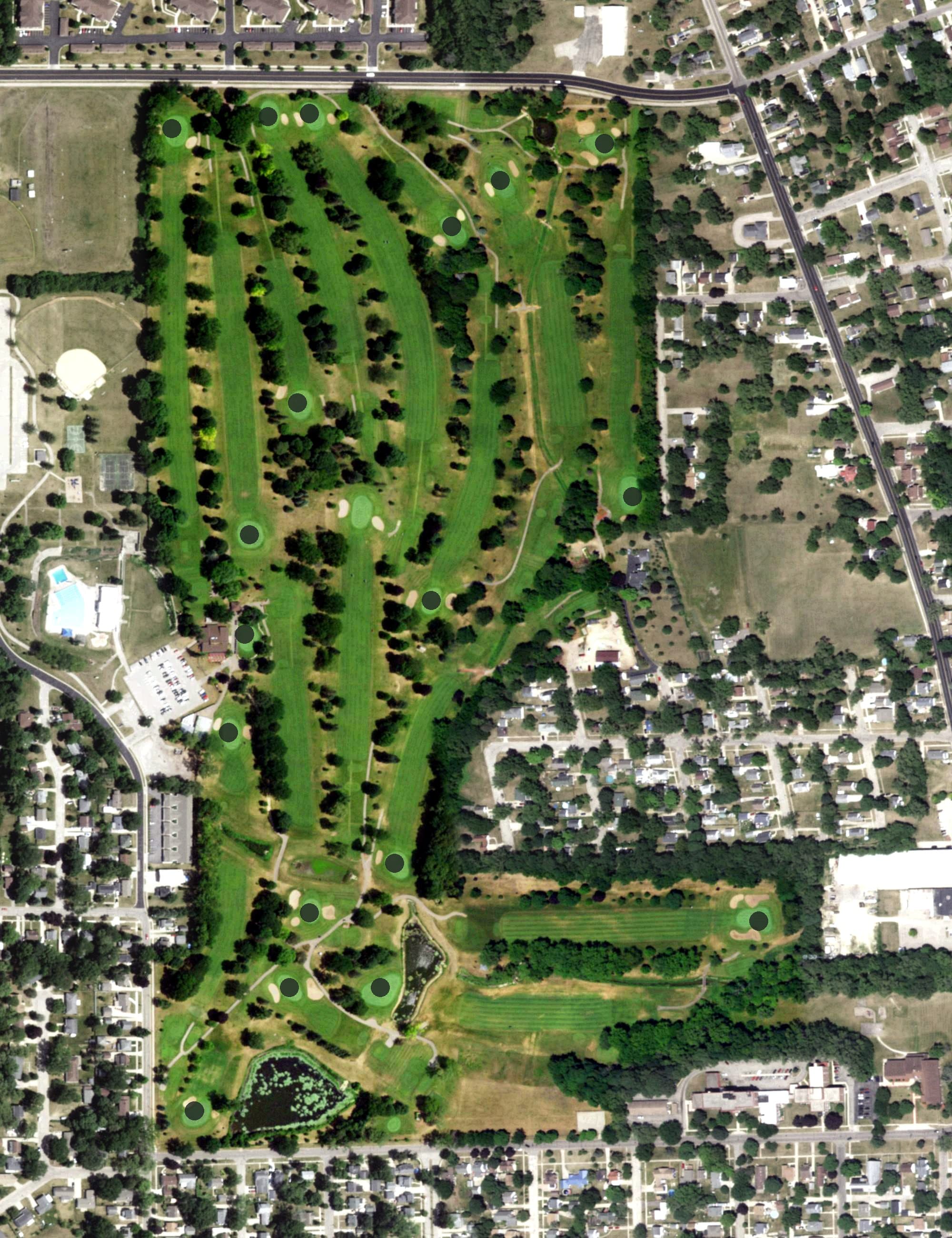 Aerial view of Krueger-Haskell Golf Course, WI, with its hole routing marked