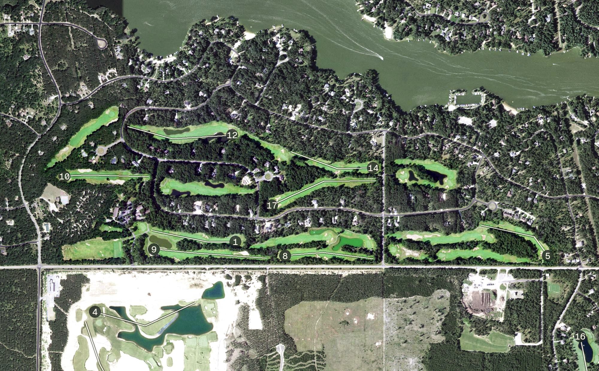 Aerial view of Lake Arrowhead - Lakes, WI, with its hole routing marked